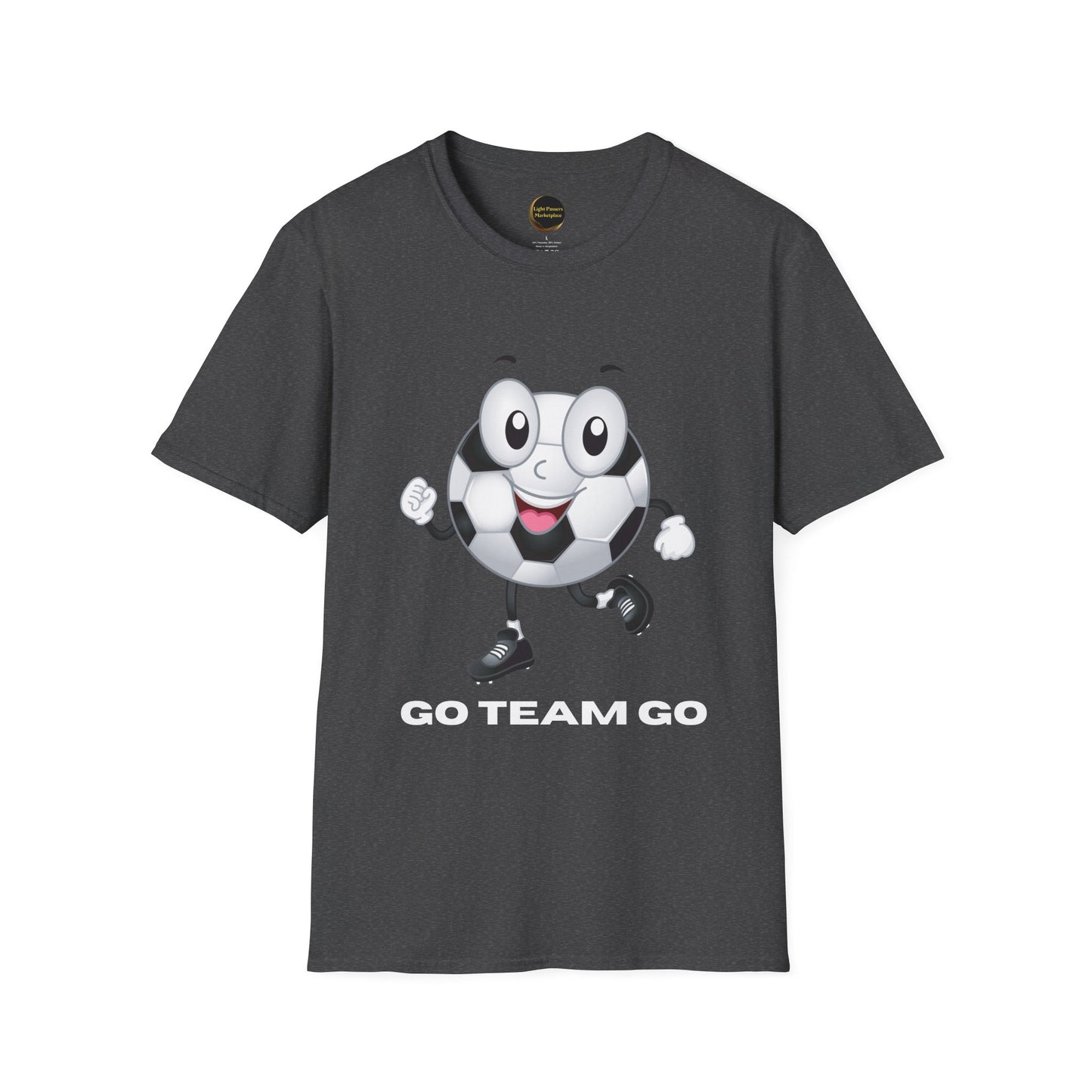 Adult Unisex Cute 'Go Team Go' Soccer T-Shirt — Soccer Ball Guy Cartoon SoccerTee (Great Gift)