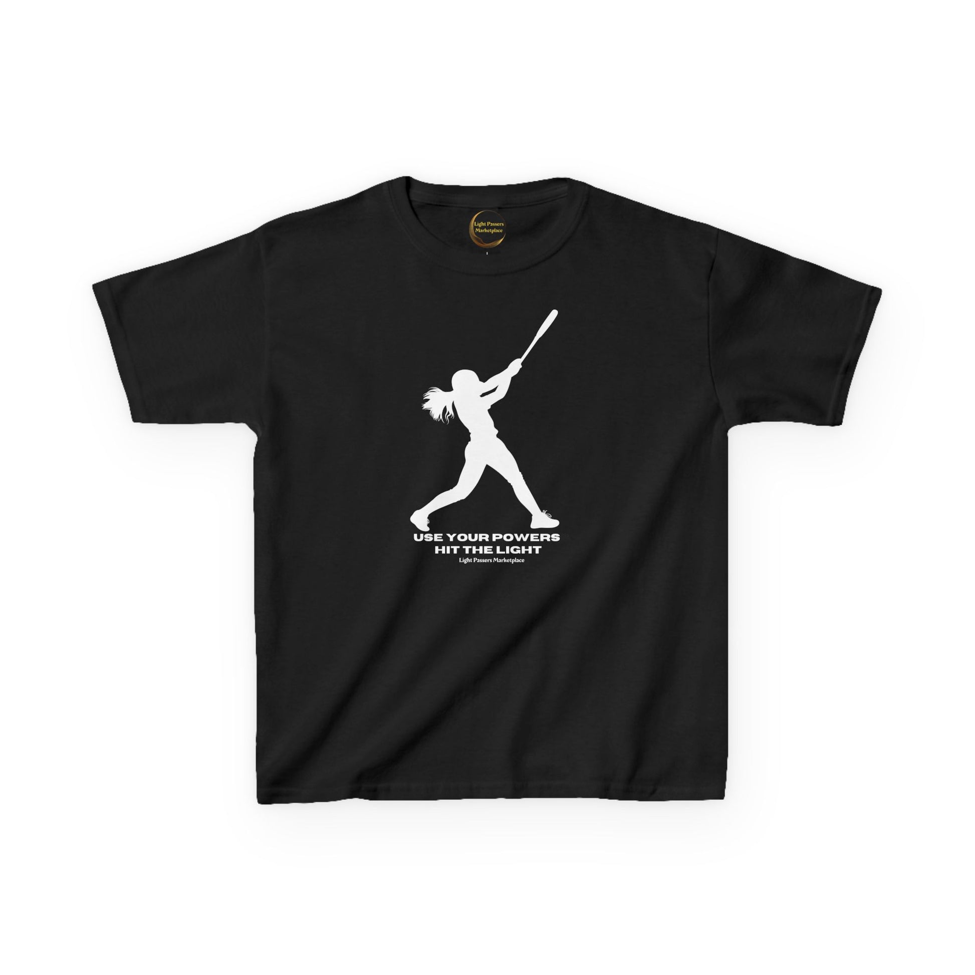 Youth Teams Hit the Light T-shirt features a batter silhouette and motivational slogan, perfect for everyday wear with durable cotton construction and ethical sourcing.