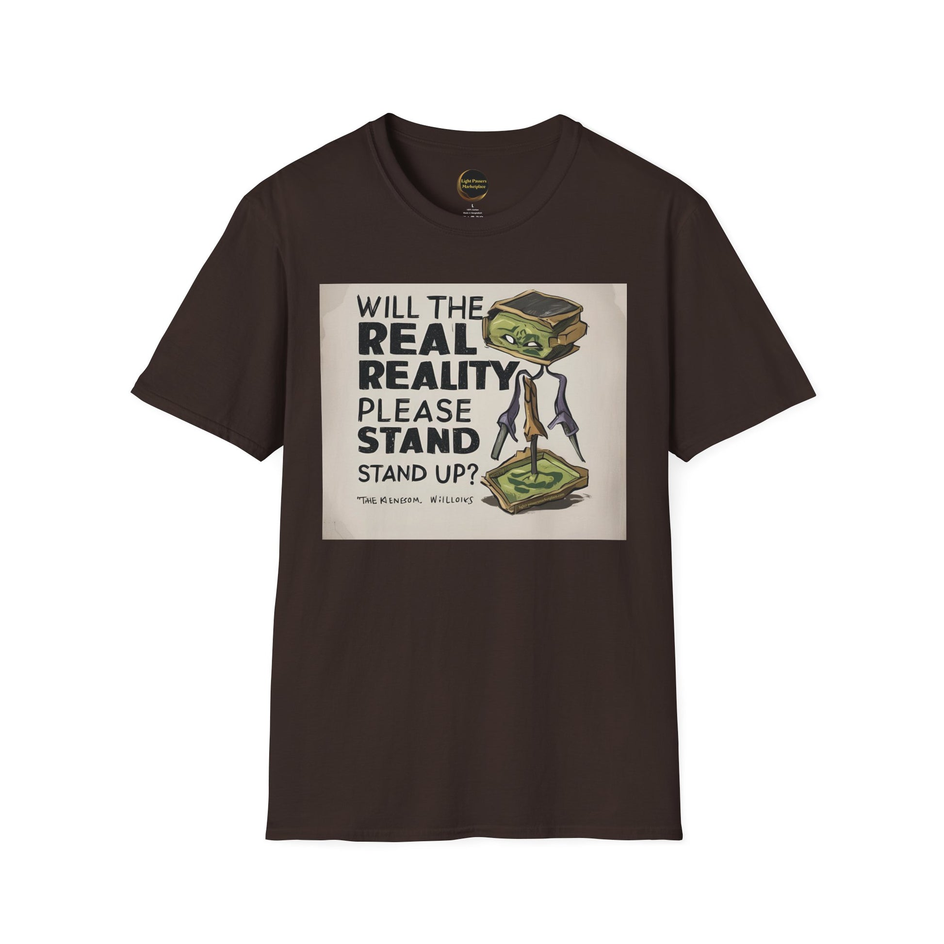 Unisex T-Shirt featuring cartoon avocado-toast character and text WILL THE REAL REALITY PLEASE STAND UP? from Light Passers Marketplace's Love and Peace Collection.