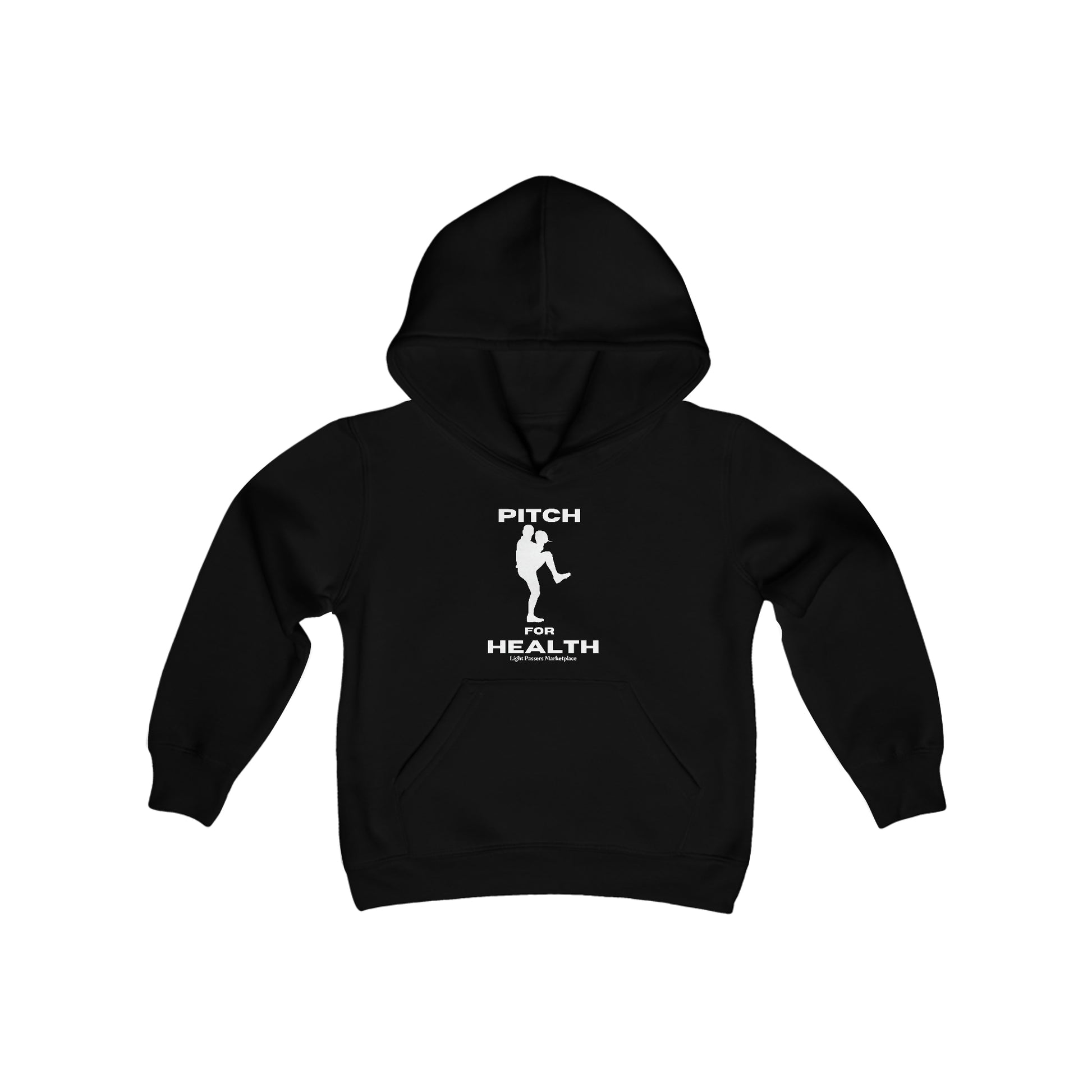 A black hoodie with a logo on the front, kangaroo pocket, and reinforced neck. Made of soft, preshrunk fleece (50% cotton, 50% polyester). Ideal for printing.
