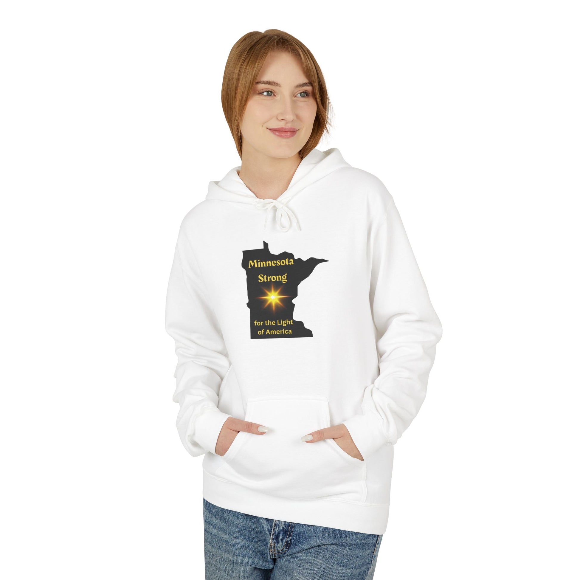 Young person in Love and Peace The Light Adult Unisex Minnesota State Hoodie, featuring Minnesota Strong text and starburst on a silhouette, embodying cozy community pride.