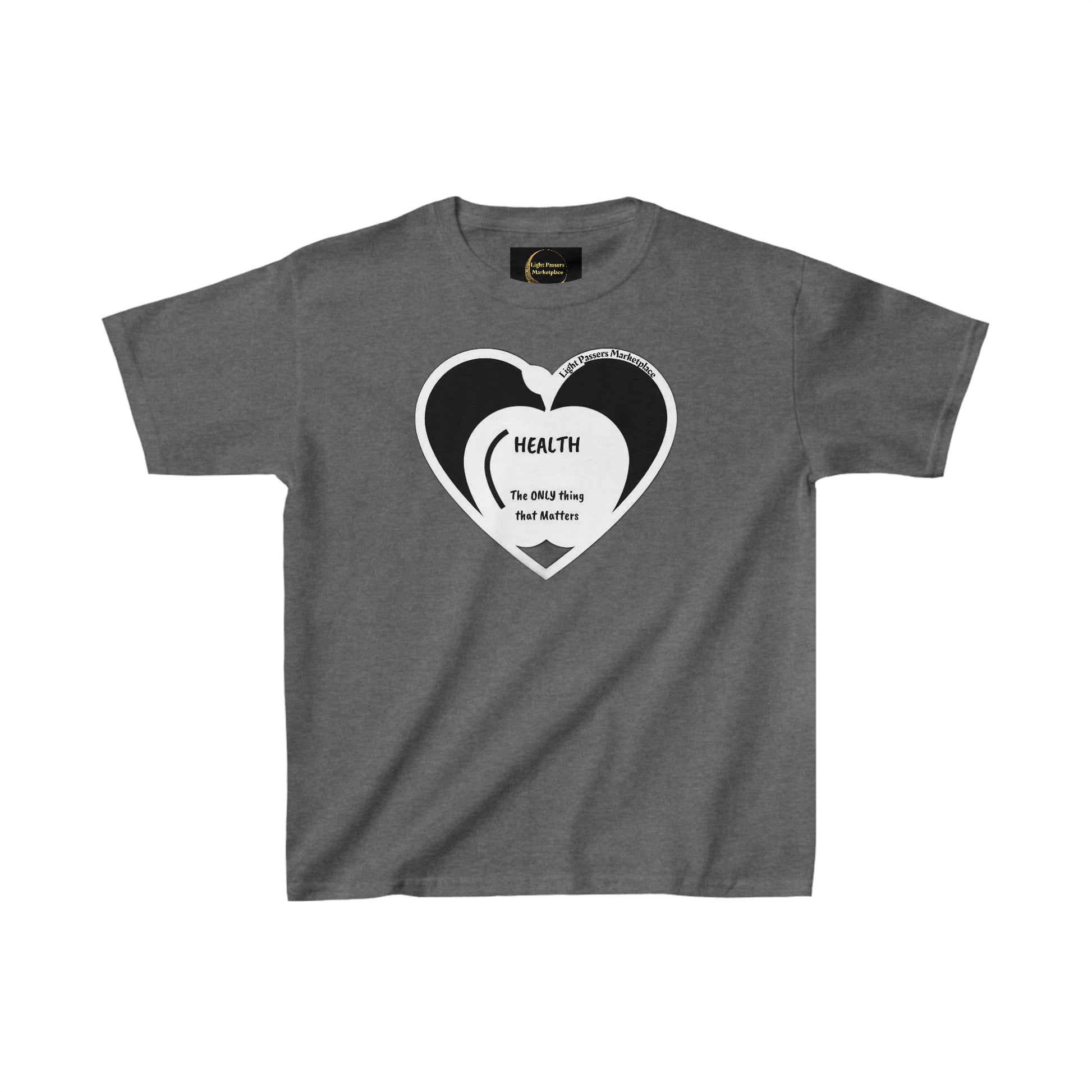 A grey youth t-shirt featuring a heart design, made of 100% cotton with twill tape shoulders for durability and ribbed collar for curl resistance. Ethically sourced and Oeko-Tex certified.