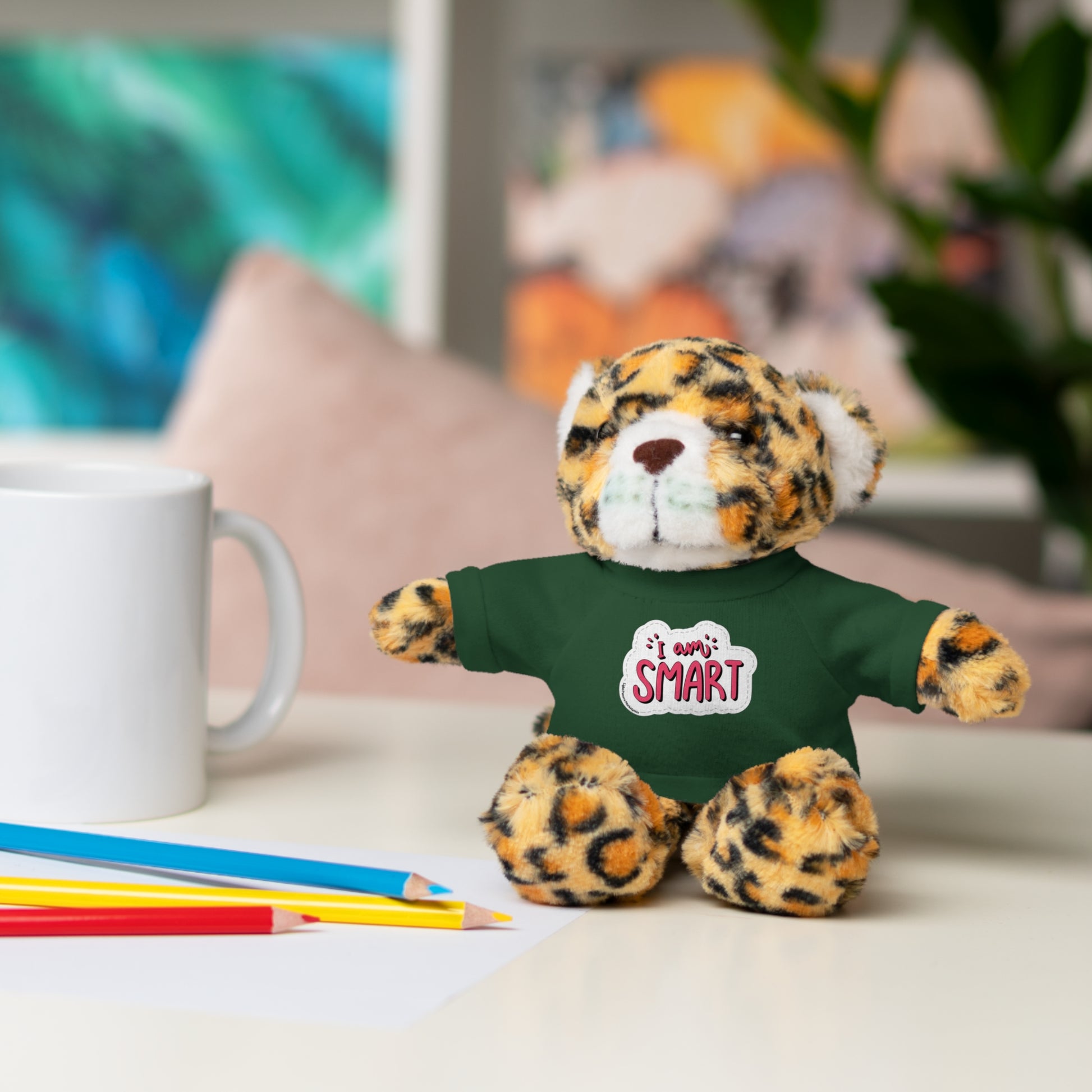 Cool Stuff Stuffies: Six plush animals, each with I am Smart T-shirt, including Bear, Sheep, Bunny, Jaguar, Panda, and Lion. Perfect for educational play.