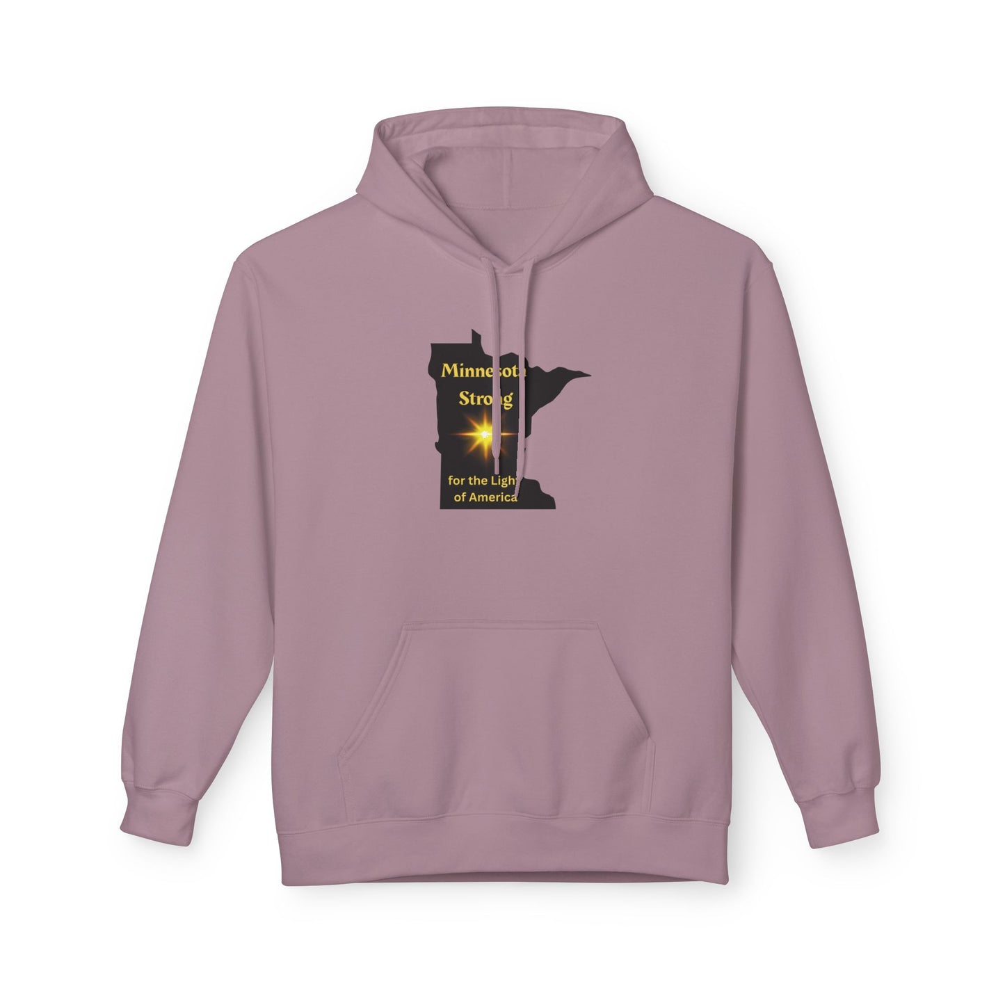 Dusty-rose hoodie with Minnesota silhouette, yellow starburst, Minnesota Strong text. Features kangaroo pocket, drawstrings, cozy fit, and sustainable production.
