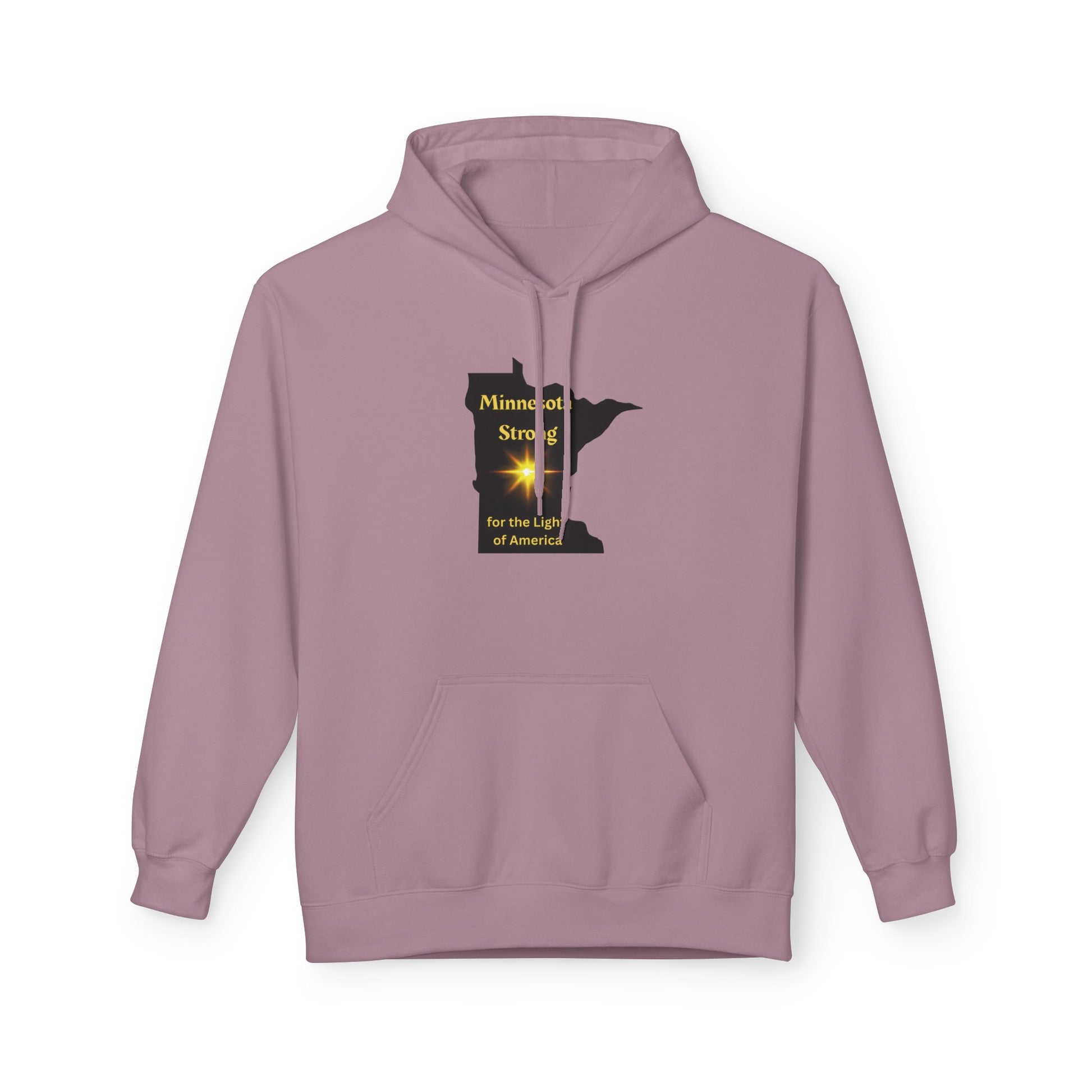 Dusty-rose hoodie with Minnesota silhouette, yellow starburst, Minnesota Strong text. Features kangaroo pocket, drawstrings, cozy fit, and sustainable production.