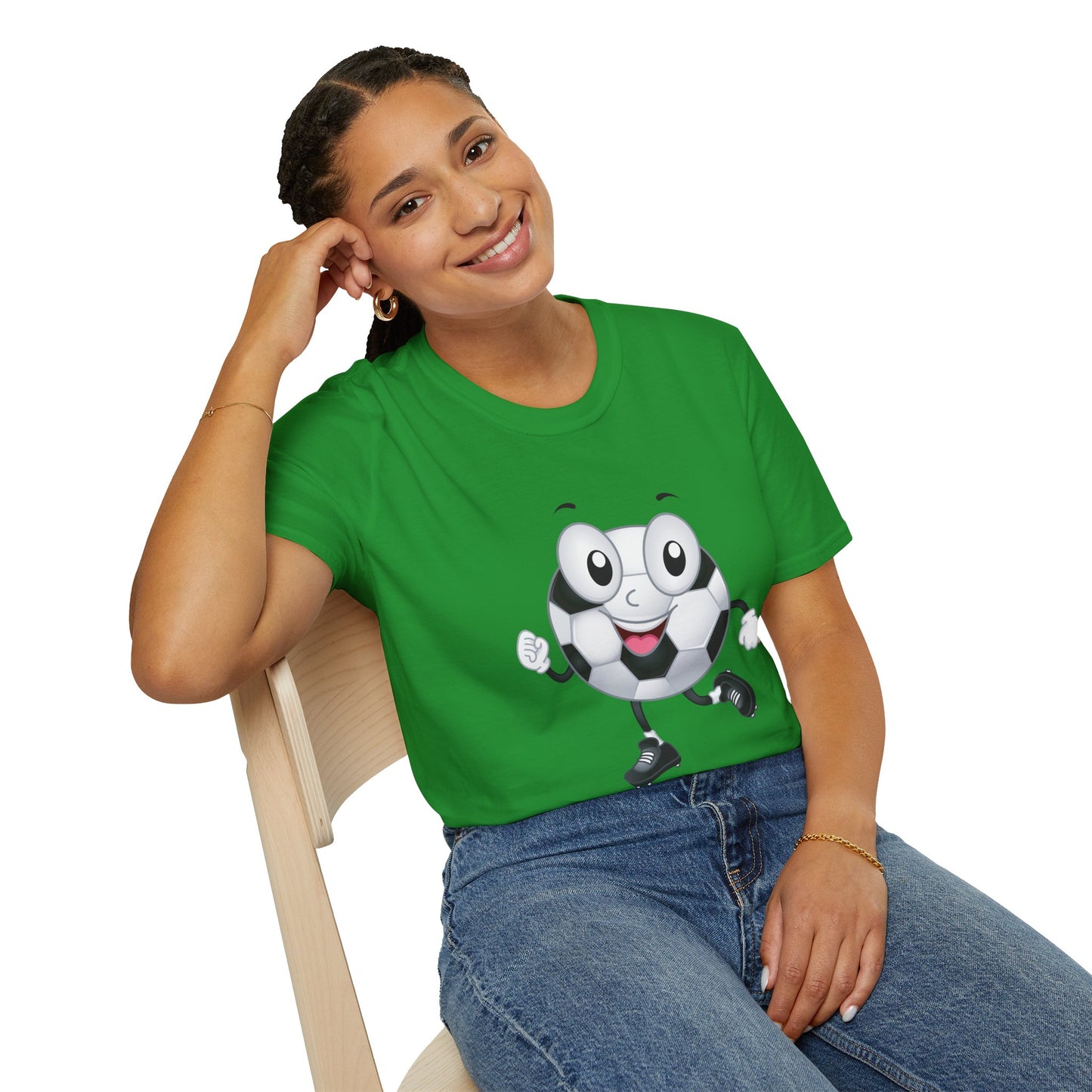 Adult Unisex Cute 'Go Team Go' Soccer T-Shirt — Soccer Ball Guy Cartoon SoccerTee (Great Gift)