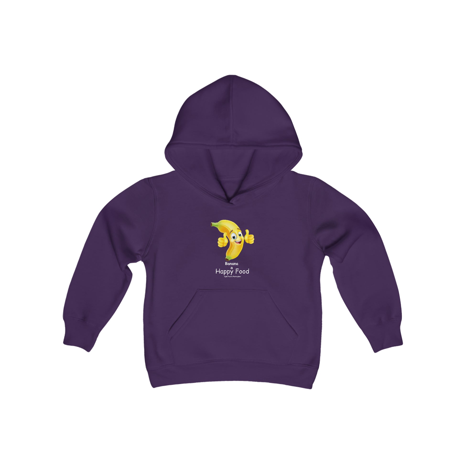 A purple youth hooded sweatshirt featuring a cartoon banana design, with a kangaroo pocket and twill taping. Made of soft, preshrunk 50% cotton, 50% polyester blend for optimal comfort and printability.