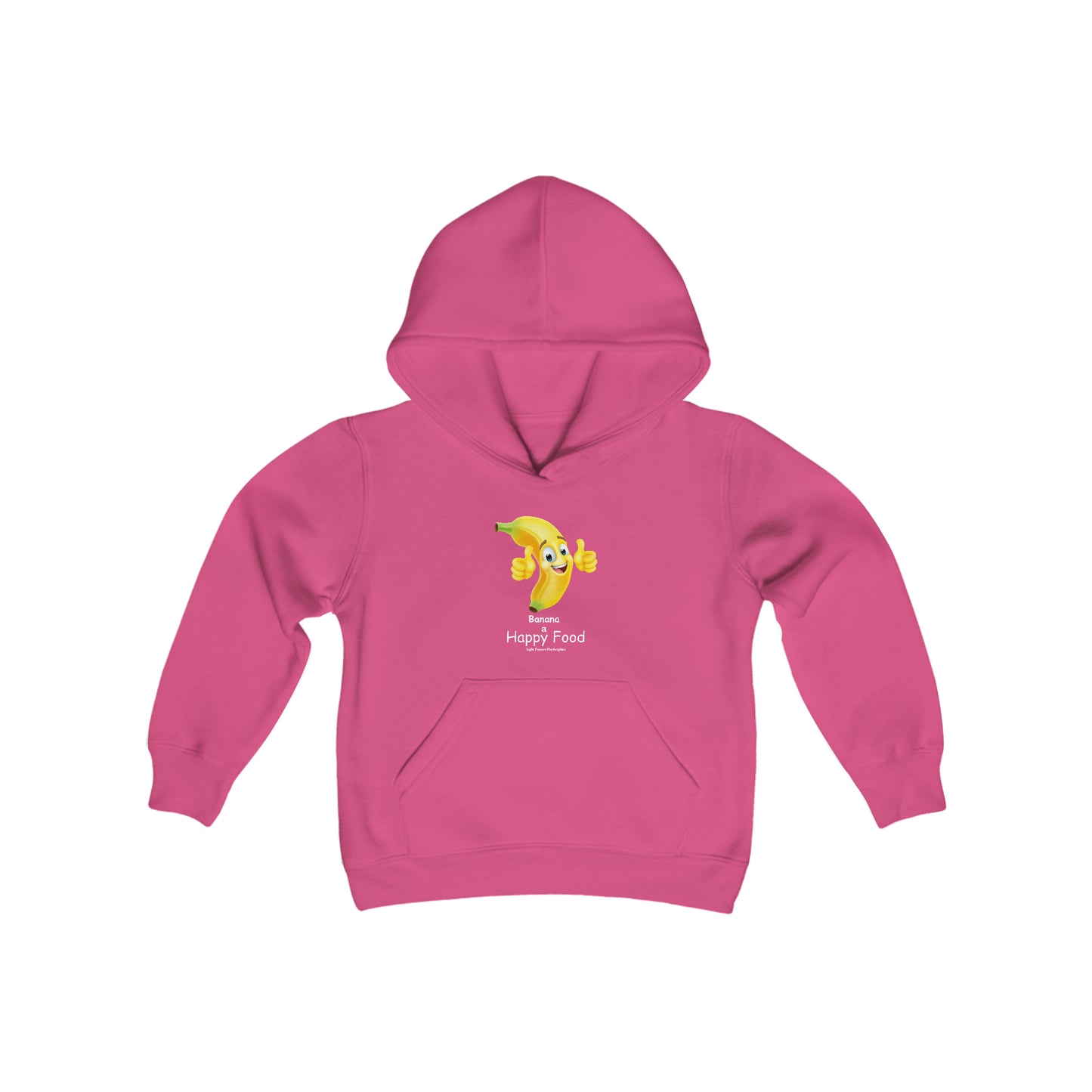 Youth blend hooded sweatshirt featuring a cartoon banana with thumbs up on pink fabric. Kangaroo pocket, twill taping, 50% cotton, 50% polyester blend for comfort and print quality.