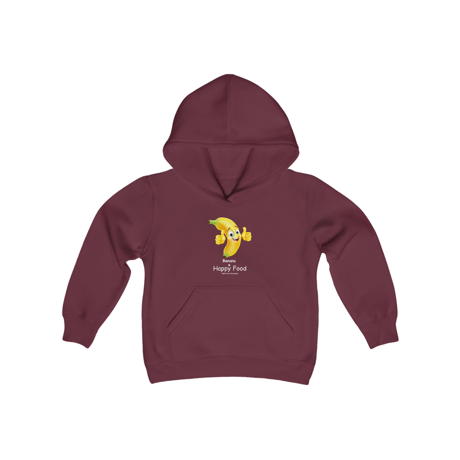 A purple youth hooded sweatshirt featuring a cheerful cartoon banana design, made of soft, preshrunk fleece. Includes a kangaroo pocket and reinforced neck. Ideal for printing.