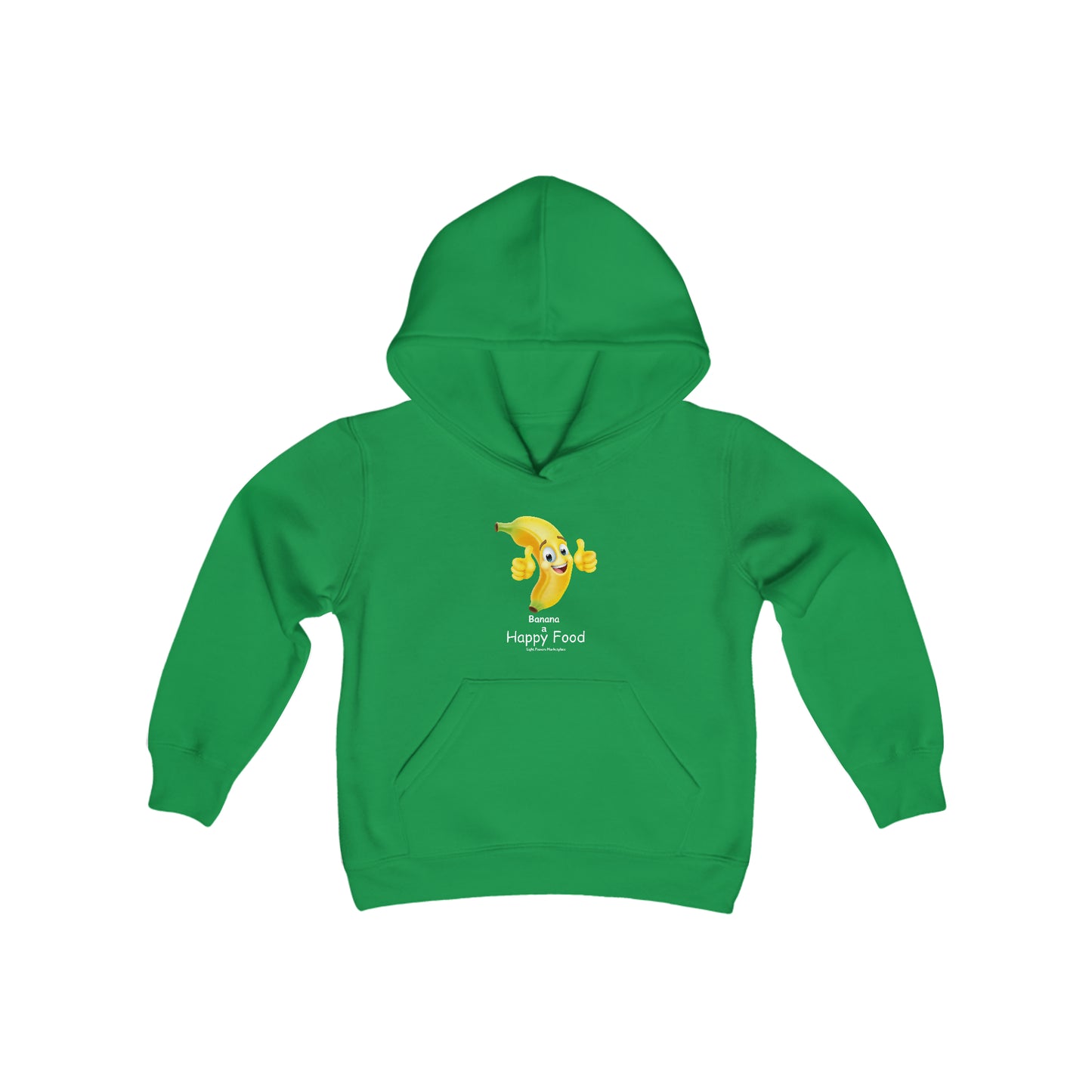 A youth blend hooded sweatshirt featuring a happy banana design, crafted from soft, preshrunk fleece. Kangaroo pocket, twill taping, 50% cotton, 50% polyester, ideal for printing.