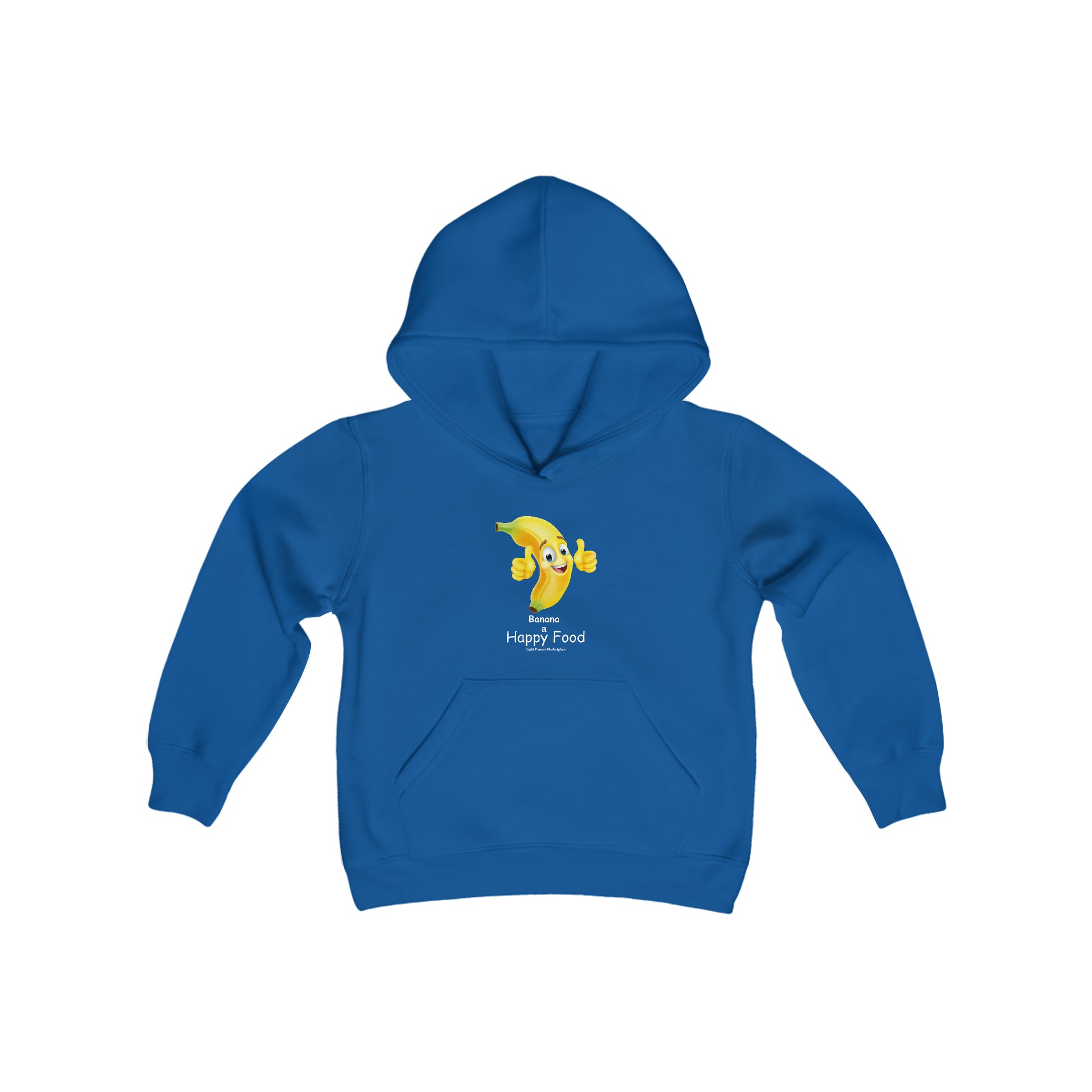 A youth blend hooded sweatshirt featuring a cheerful banana design, with a kangaroo pocket and reinforced neck. Made of soft, preshrunk 50% cotton 50% polyester fleece for comfort and durability.