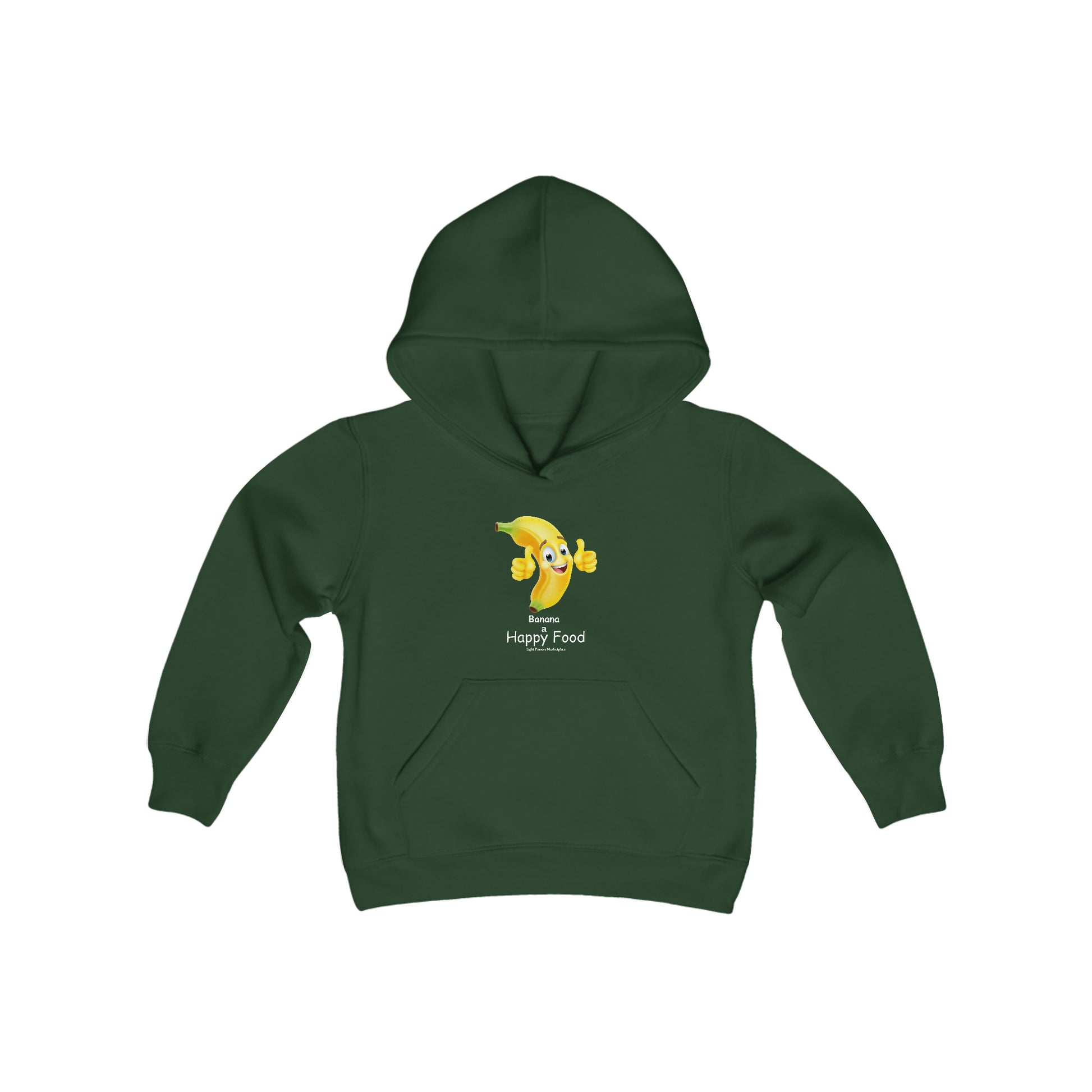 Youth hooded sweatshirt featuring a cheerful banana design, kangaroo pocket, and twill taping. Made of soft, preshrunk fleece blend for comfort and durability.