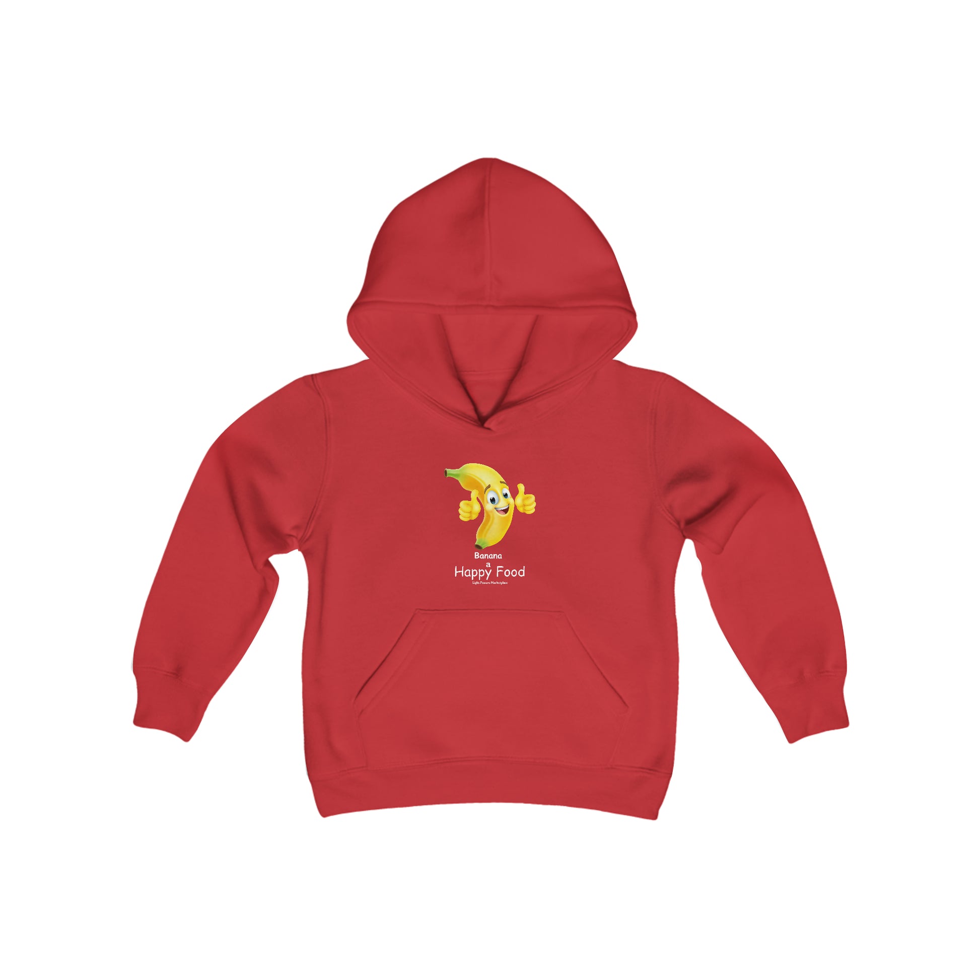 Youth hooded sweatshirt featuring a cartoon banana with thumbs up on a red hoodie. Made of soft, preshrunk fleece, 50% cotton 50% polyester blend. Kangaroo pocket and twill taping.