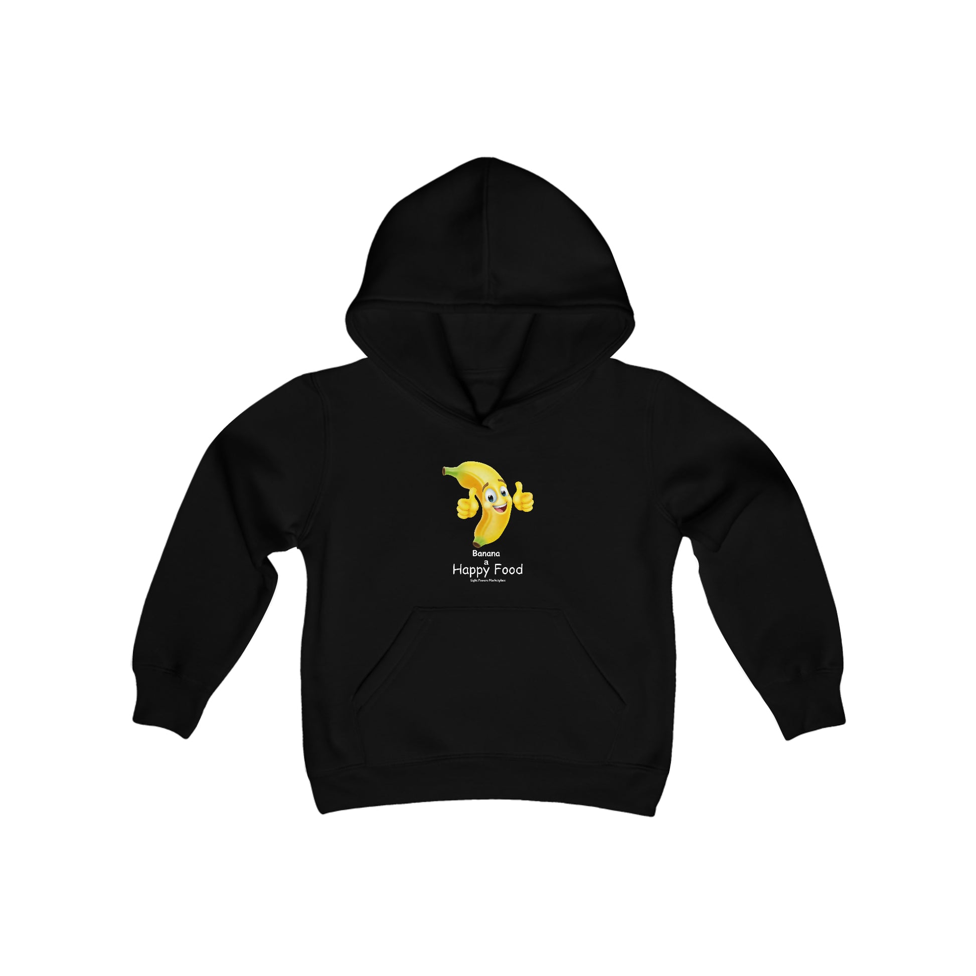 Youth blend hooded sweatshirt featuring a cartoon banana with a face and thumbs up. Made of 50% cotton, 50% polyester, with kangaroo pocket and twill taping.