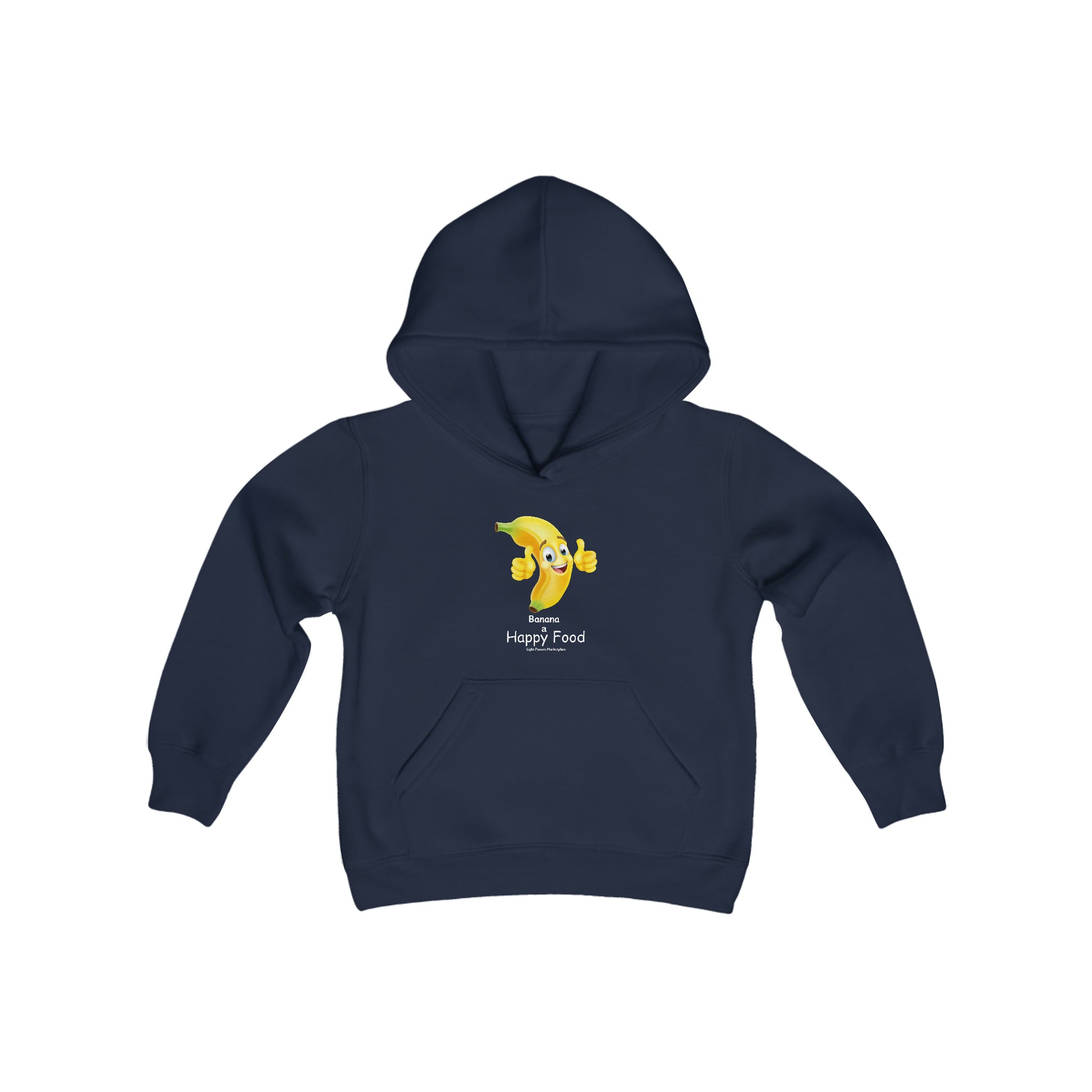 A blue youth blend hooded sweatshirt featuring a cheerful banana design with a cartoon character and thumbs up. Made of soft, preshrunk fleece with a kangaroo pocket and reinforced neck.