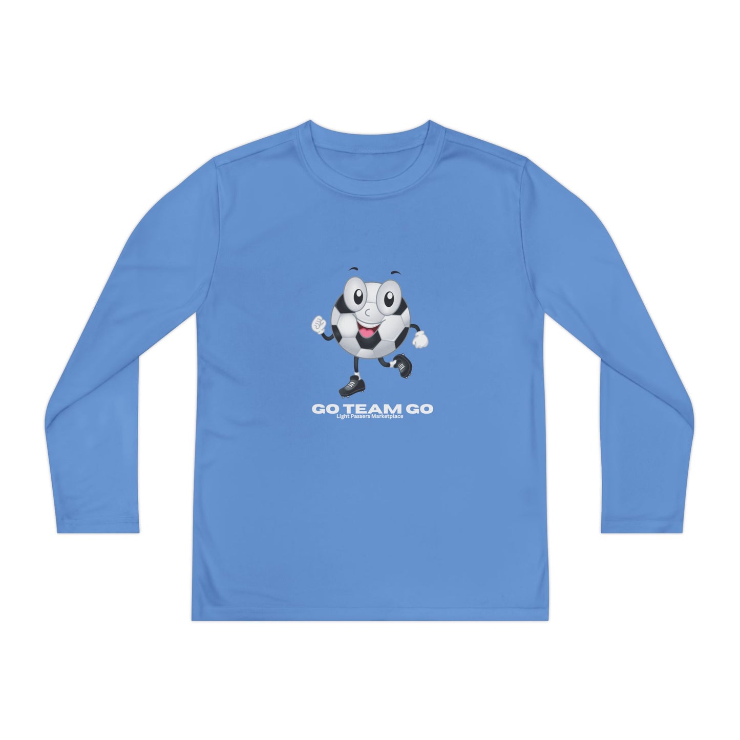 Youth Long Sleeve Soccer Ball Guy Go Team Go features a cartoon soccer ball character in motion, promoting team spirit. Ideal for young soccer enthusiasts at games or practice.