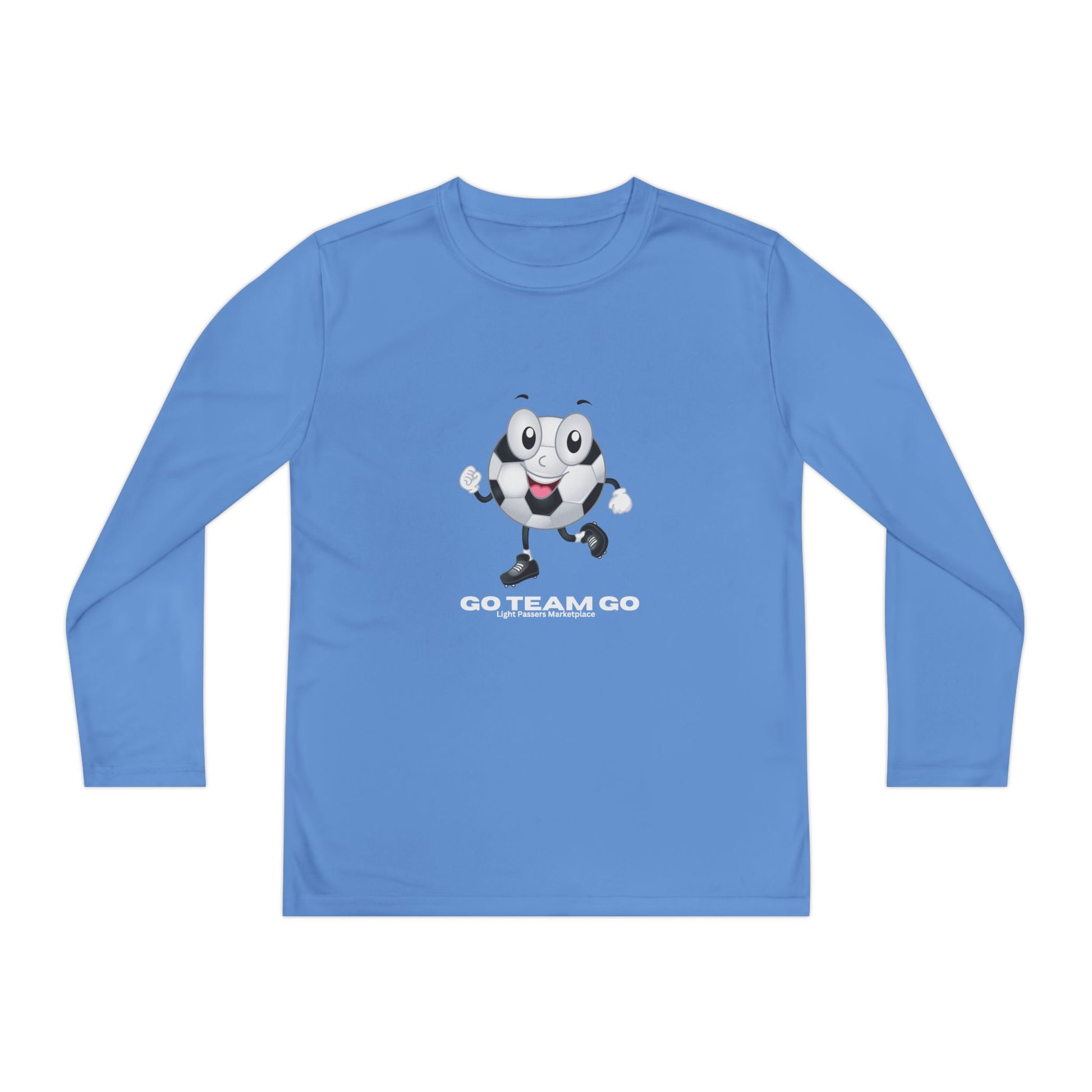 Youth Long Sleeve Soccer Ball Guy Go Team Go features a cartoon soccer ball character in motion, promoting team spirit. Ideal for young soccer enthusiasts at games or practice.