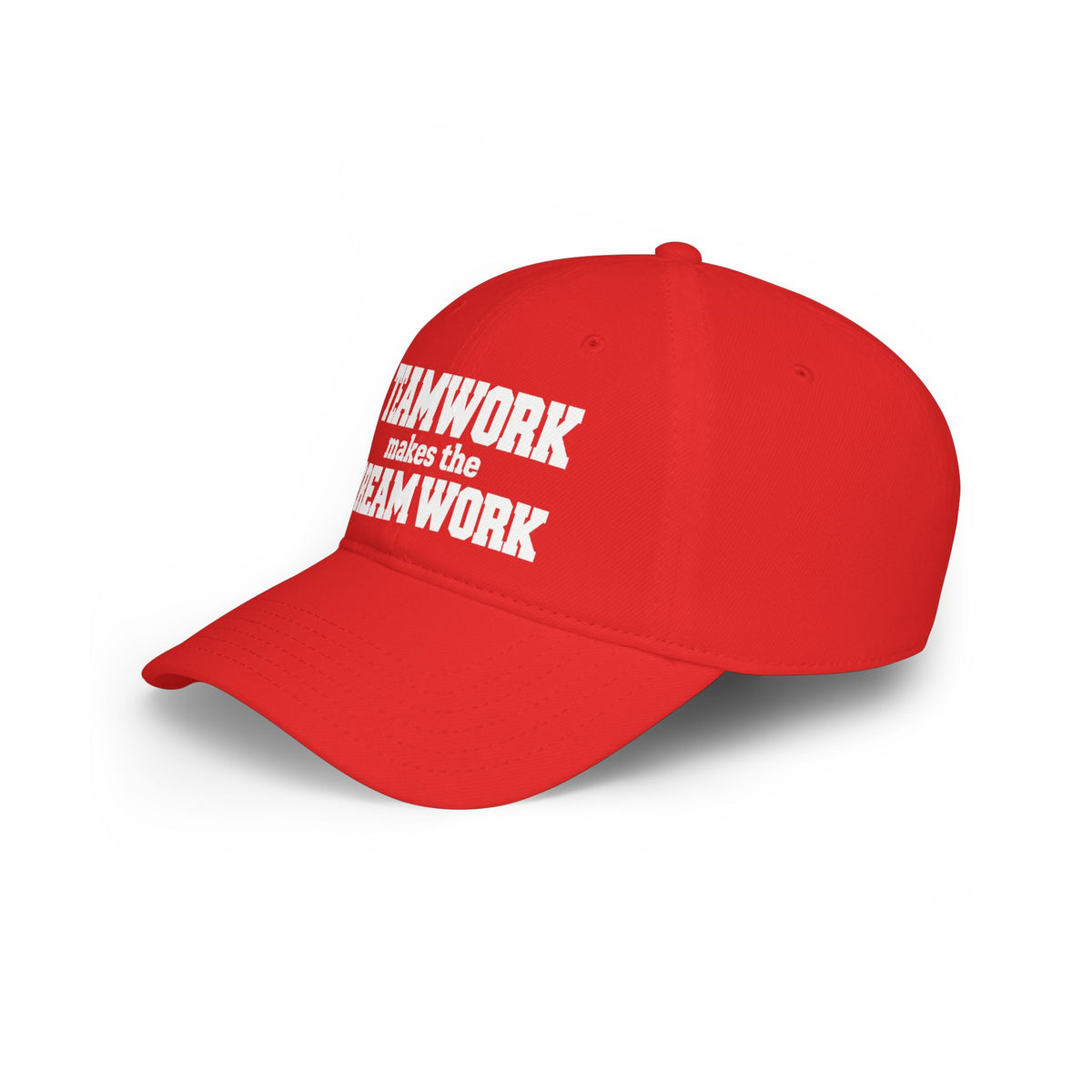 Red baseball cap side view with partial front text graphic and curved brim.