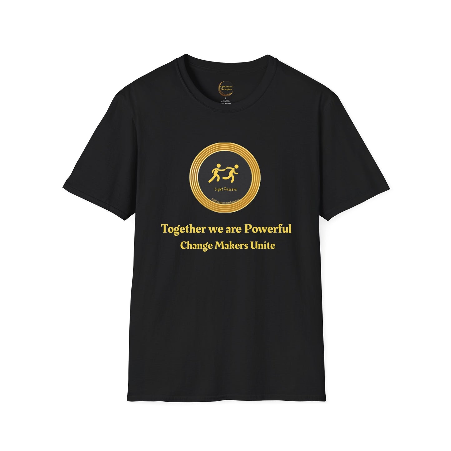 Black crew-neck t-shirt featuring gold emblem and text: Together we are Powerful, Change Makers Unite. Includes Light Passers branding, symbolizing unity and empowerment. Suitable for adults.