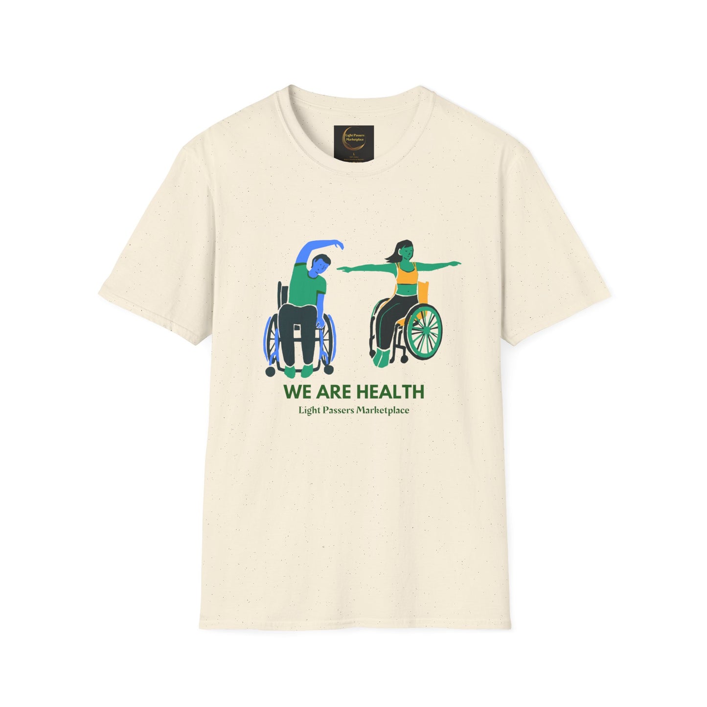 A white unisex t-shirt featuring a man and a woman in wheelchairs, embodying inclusivity and comfort. Made of soft 100% ring-spun cotton, with twill tape shoulders and a ribbed collar for durability. Ethically produced by Gildan.