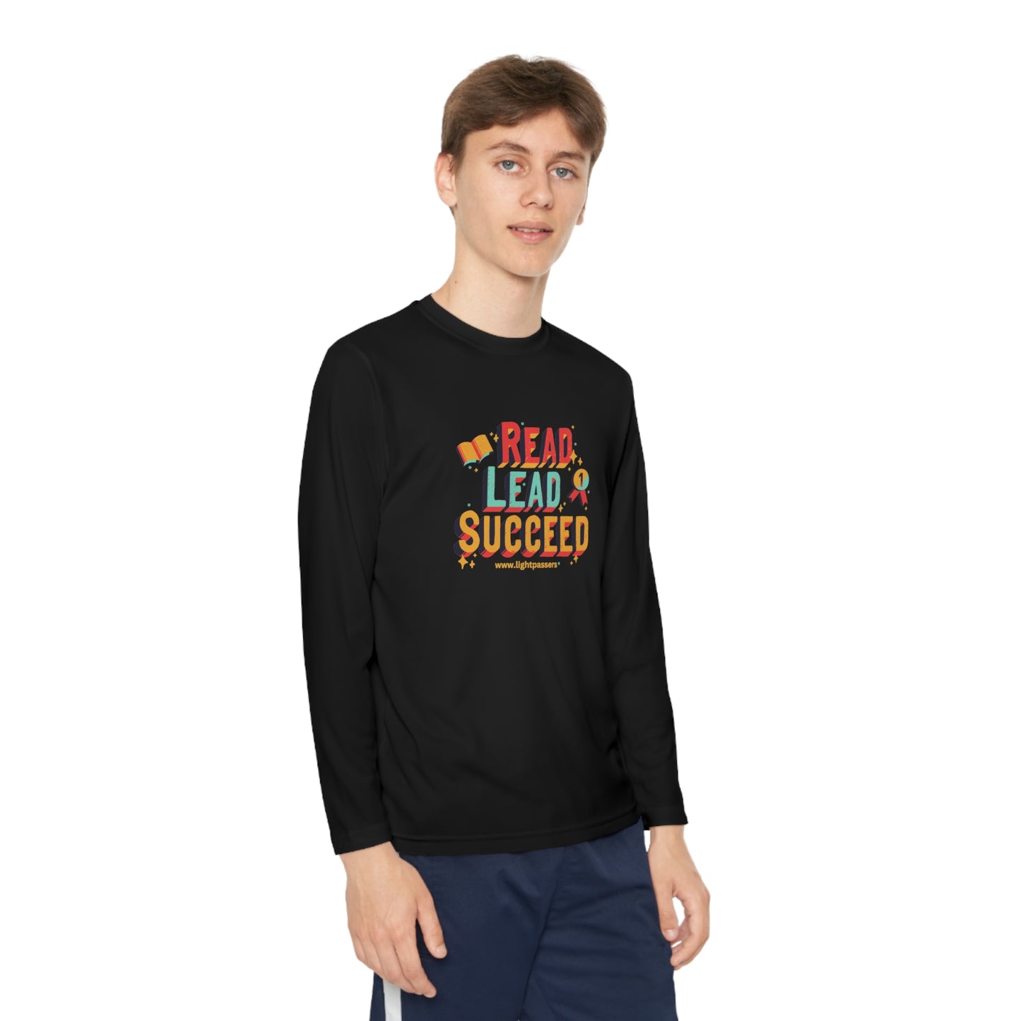 Youth wearing Long Sleeve Read Lead and Succeed T-shirt, showcasing athletic fit and moisture-wicking fabric, perfect for active book-loving students.