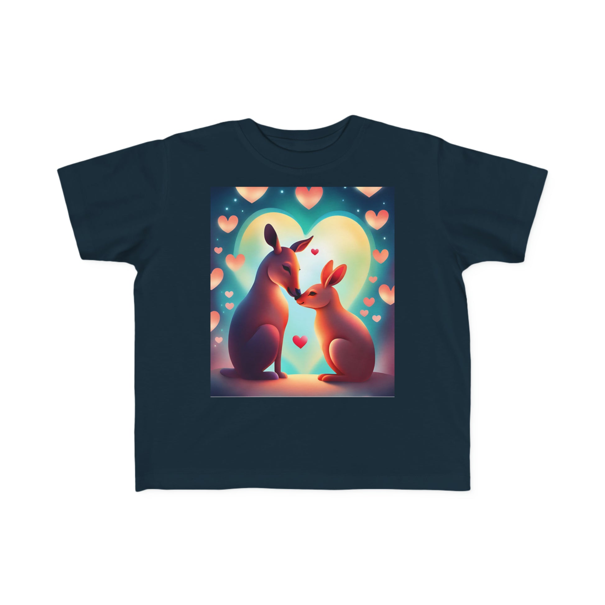 A toddler's tee featuring two kangaroos kissing, with a cartoon design and a pink kangaroo with a heart. Made of soft 100% combed cotton, light fabric, and a tear-away label.