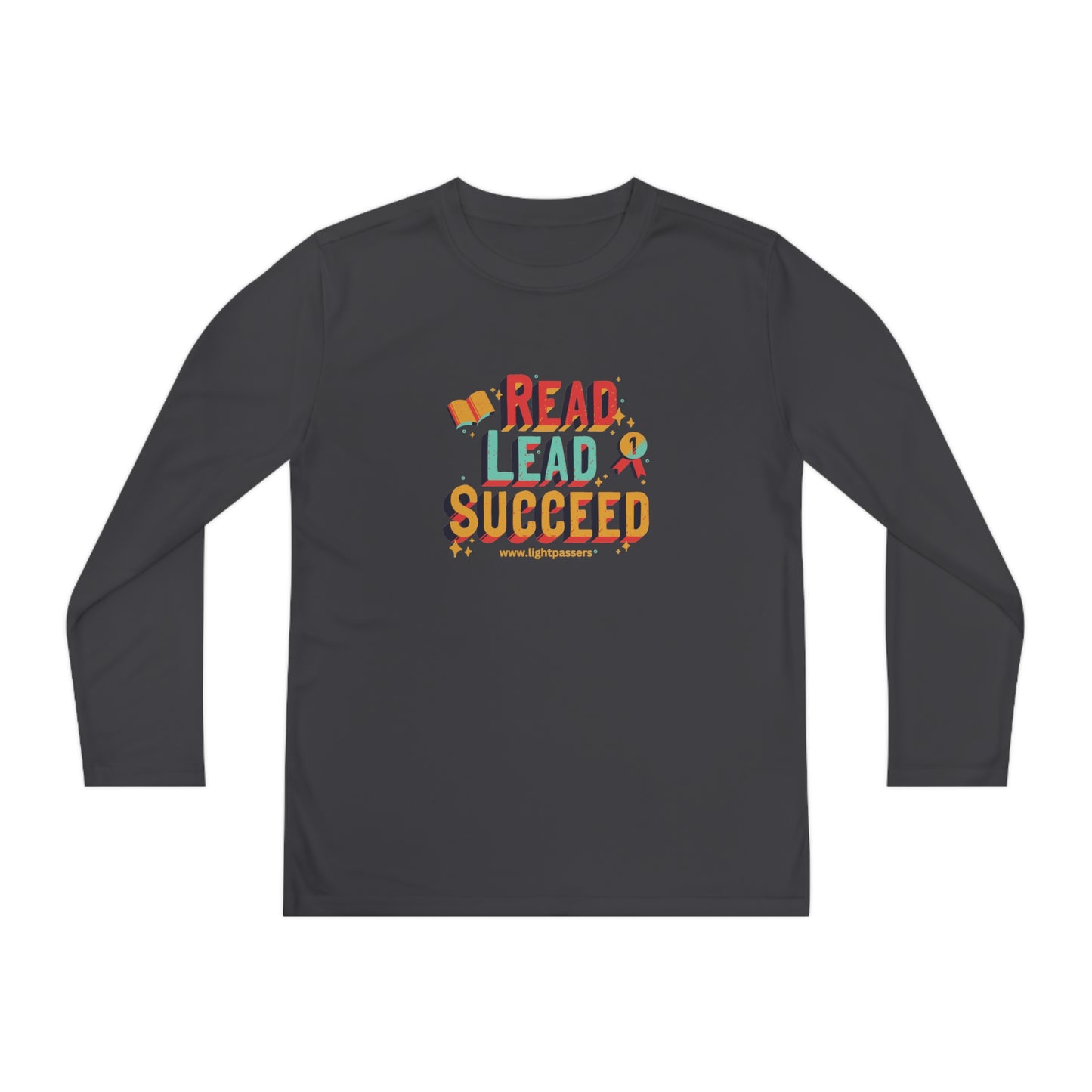 Long Sleeve Read Lead and Succeed Youth T-Shirt featuring colorful text, moisture-wicking material, and athletic fit, ideal for active young book enthusiasts.