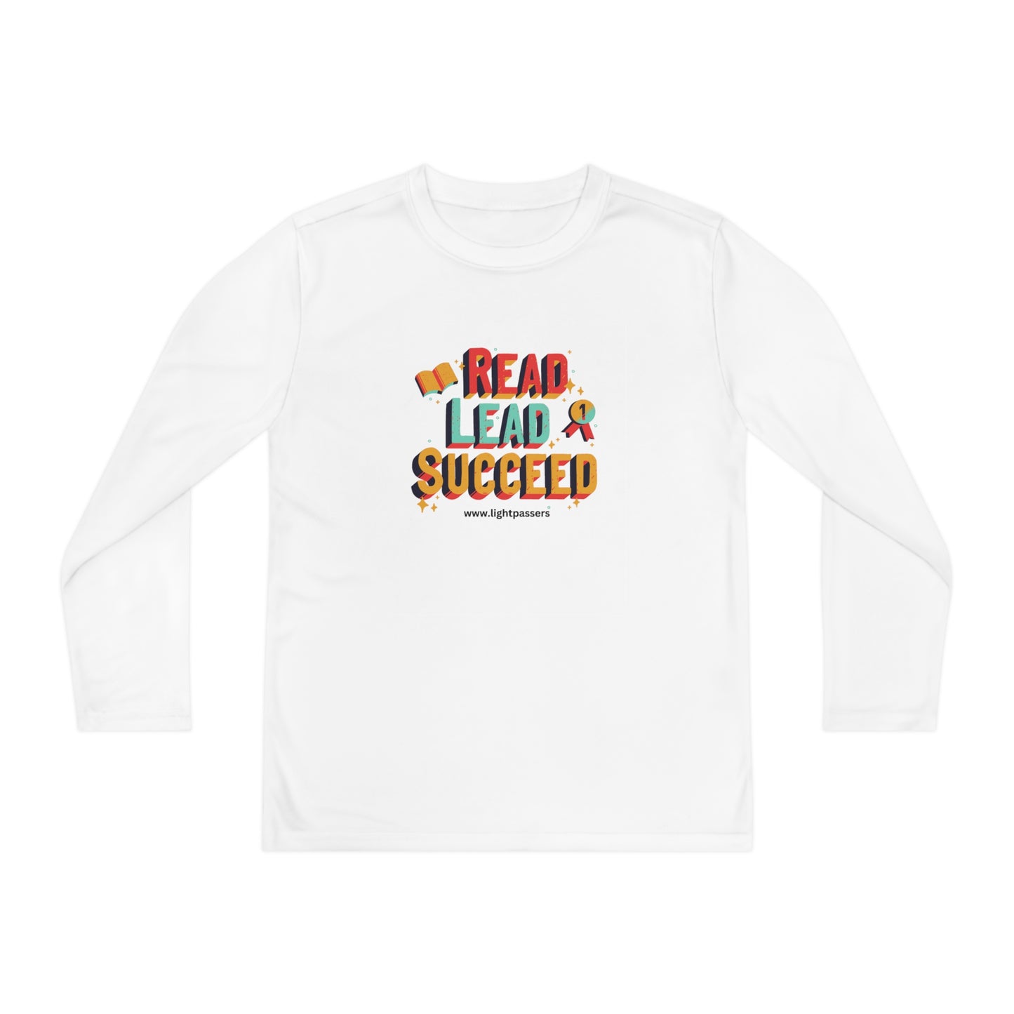 Long Sleeve Read Lead and Succeed Youth T-Shirt, featuring colorful text, moisture-wicking fabric, and an athletic fit for active children.