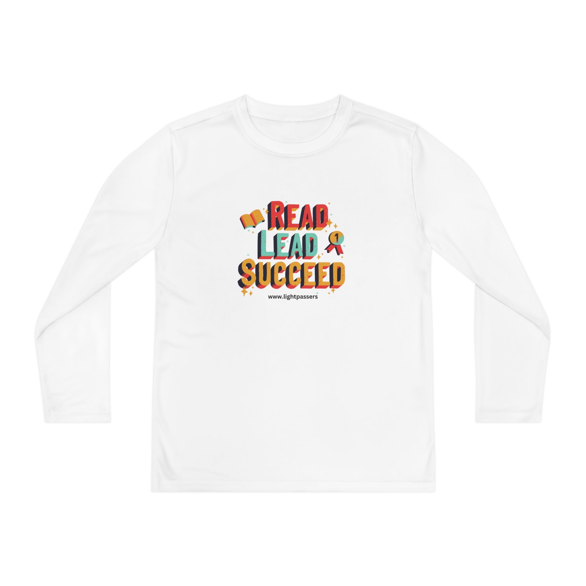 Long Sleeve Read Lead and Succeed Youth T-Shirt, featuring colorful text, moisture-wicking fabric, and an athletic fit for active children.