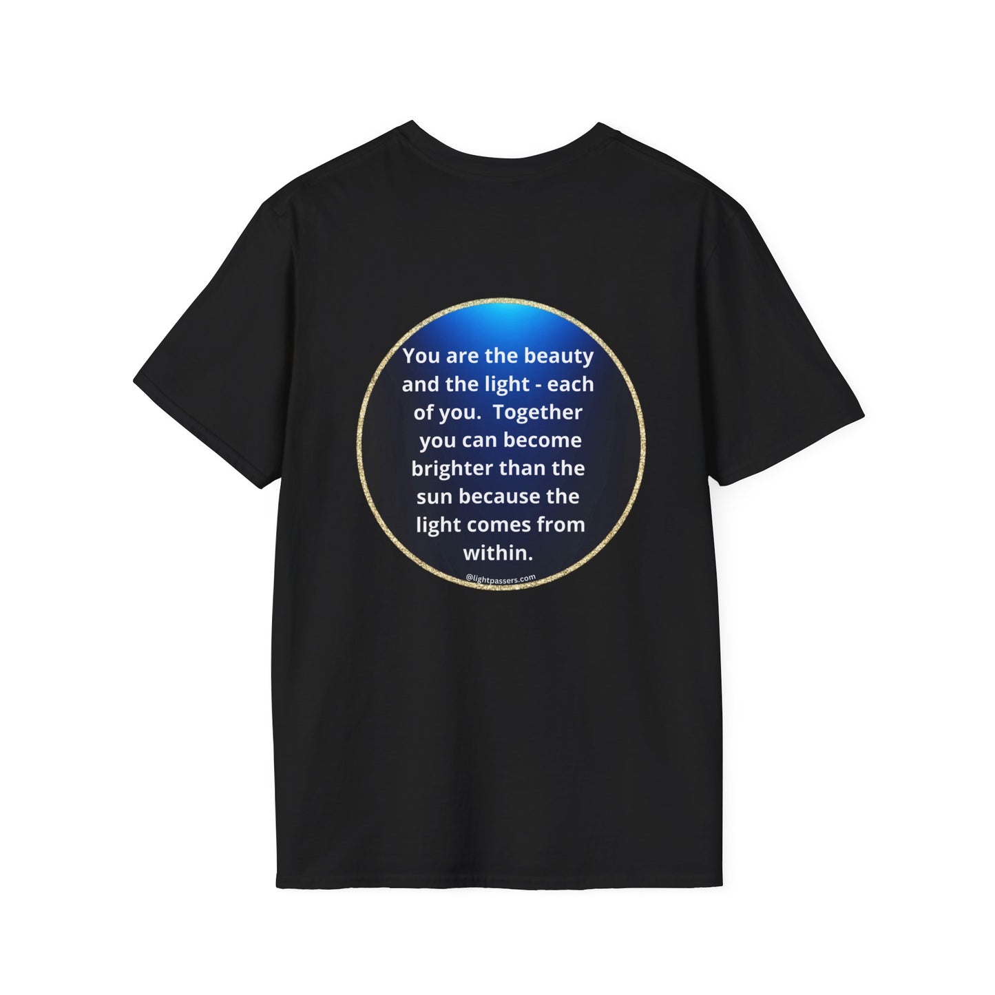 A black unisex tee with a blue circle logo on the back and front. Smooth, durable fabric for vivid prints, no side seams, and a tear-away label.