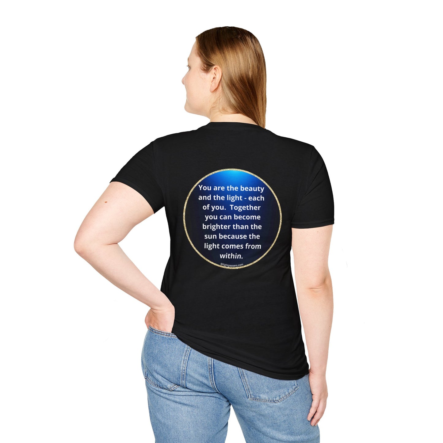 A black shirt with a white circle and text, featuring a woman, denim jeans, and a person wearing the Beauty Navy Circle Back LP Logo Unisex T-Shirt.