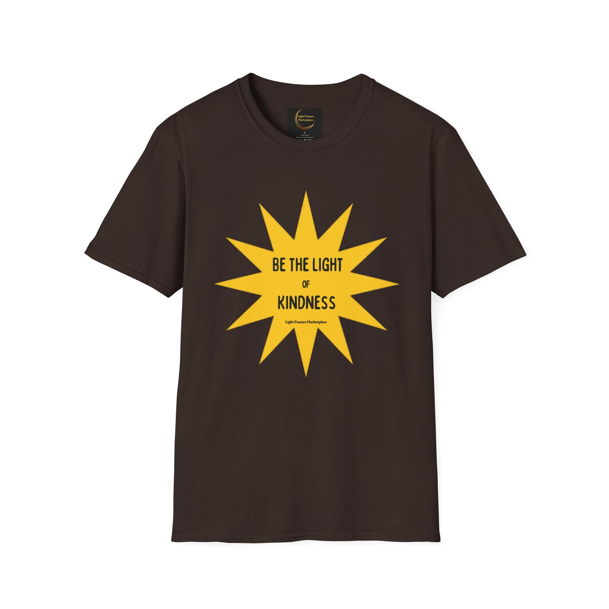 Unisex brown tee with a yellow sun and star design. 100% cotton, no side seams for comfort, tear-away label, classic fit. Elevate your casual style with this staple tee.