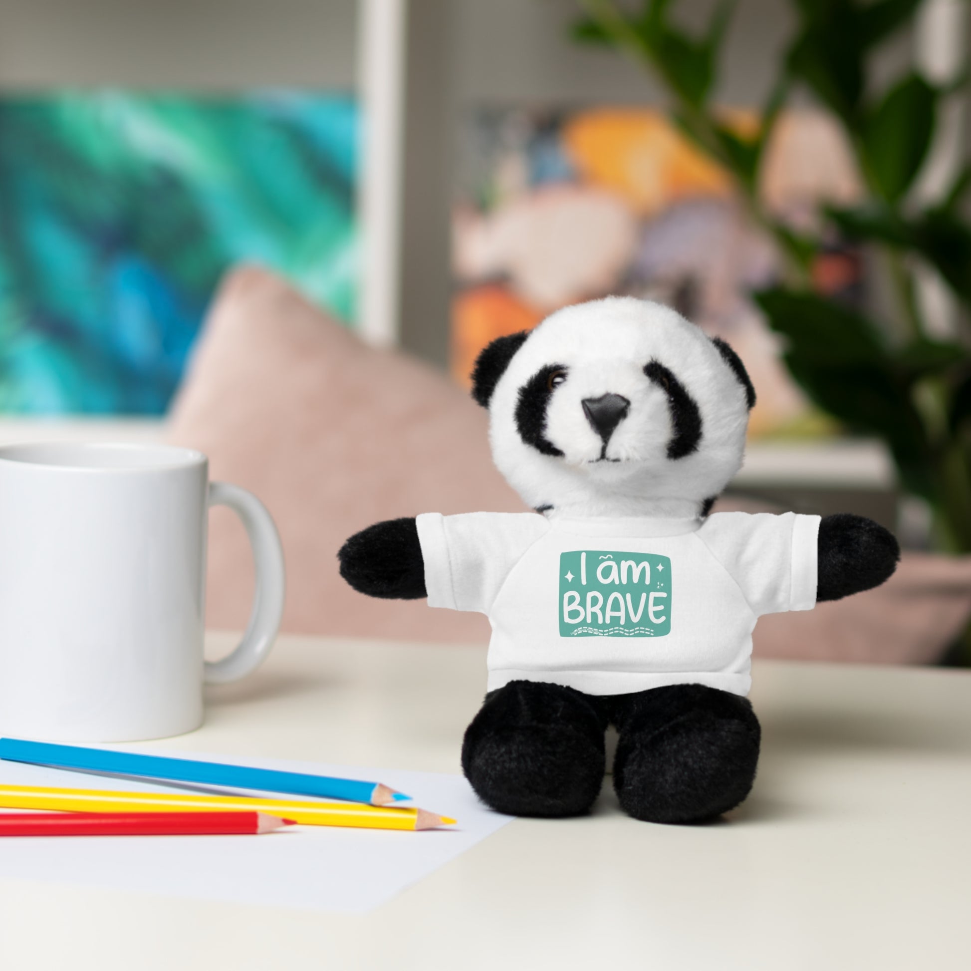 Stuffed panda bear with removable I am Brave tee, part of Cool Stuff Stuffies collection, designed for comfort and customization.