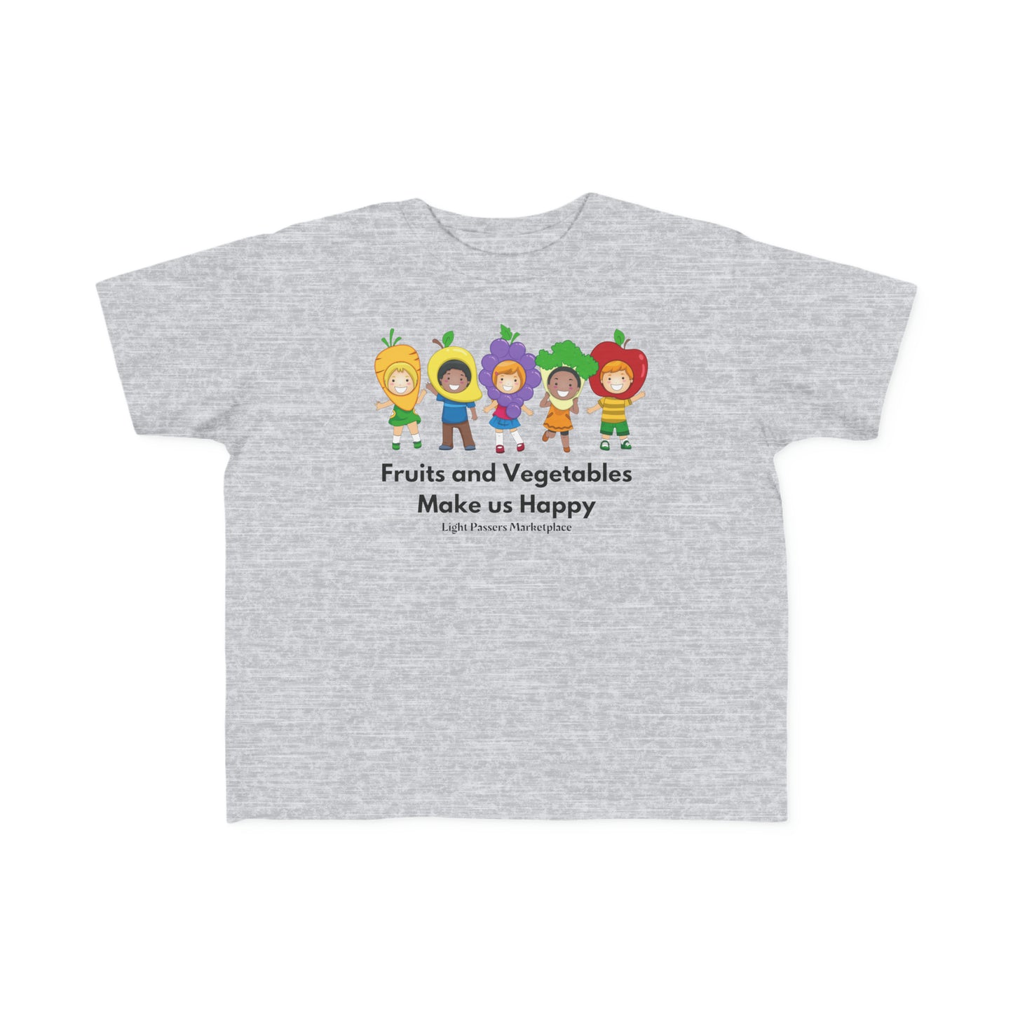 A grey toddler t-shirt featuring cartoon characters like a boy with a yellow object and a girl in a flower garment. Made of soft 100% combed cotton, with durable prints, perfect for sensitive skin.