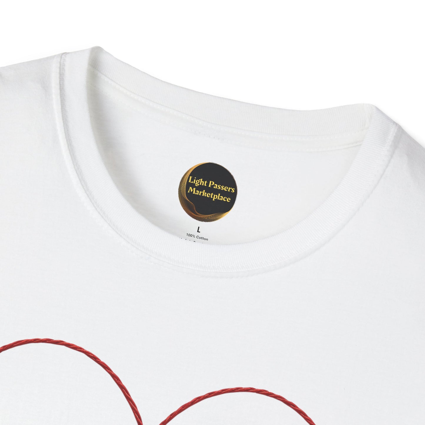 Close-up of the Legacy Makers Unite T-Shirt neckline, featuring a black label with gold Light Passers Marketplace text and a partial red graphic on the front.