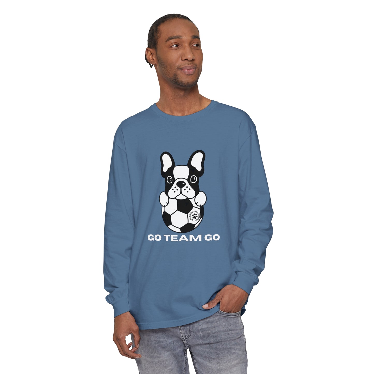 Unisex garment-dyed long sleeve shirt featuring a soccer-themed dog design, made from soft, 100% ring-spun cotton with a relaxed fit.