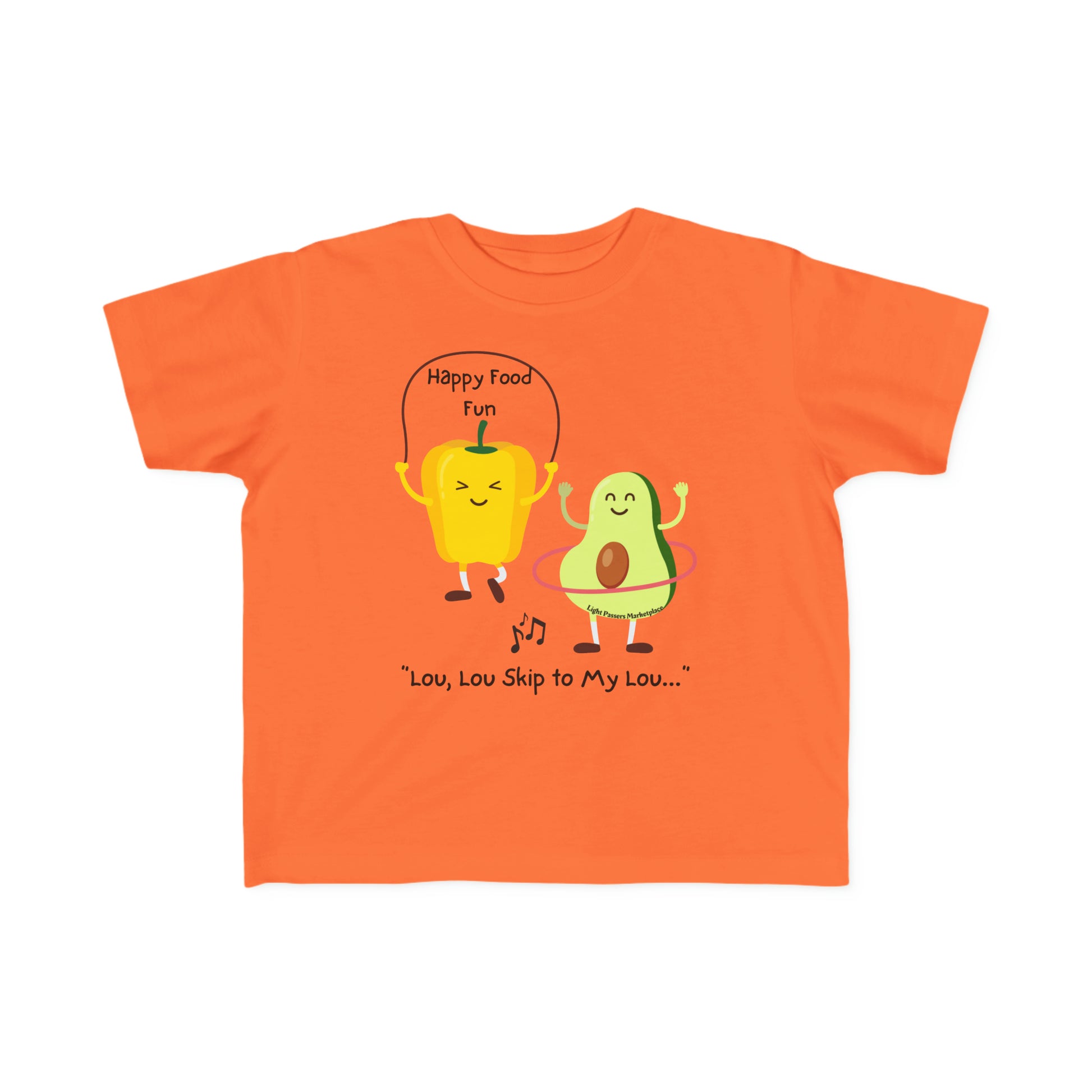 A Skip To My Lou Toddler T-shirt featuring cartoon characters like a pepper and avocado jumping rope, perfect for sensitive skin, made of 100% combed cotton, 4.5 oz/yd² light fabric, tear-away label, classic fit.