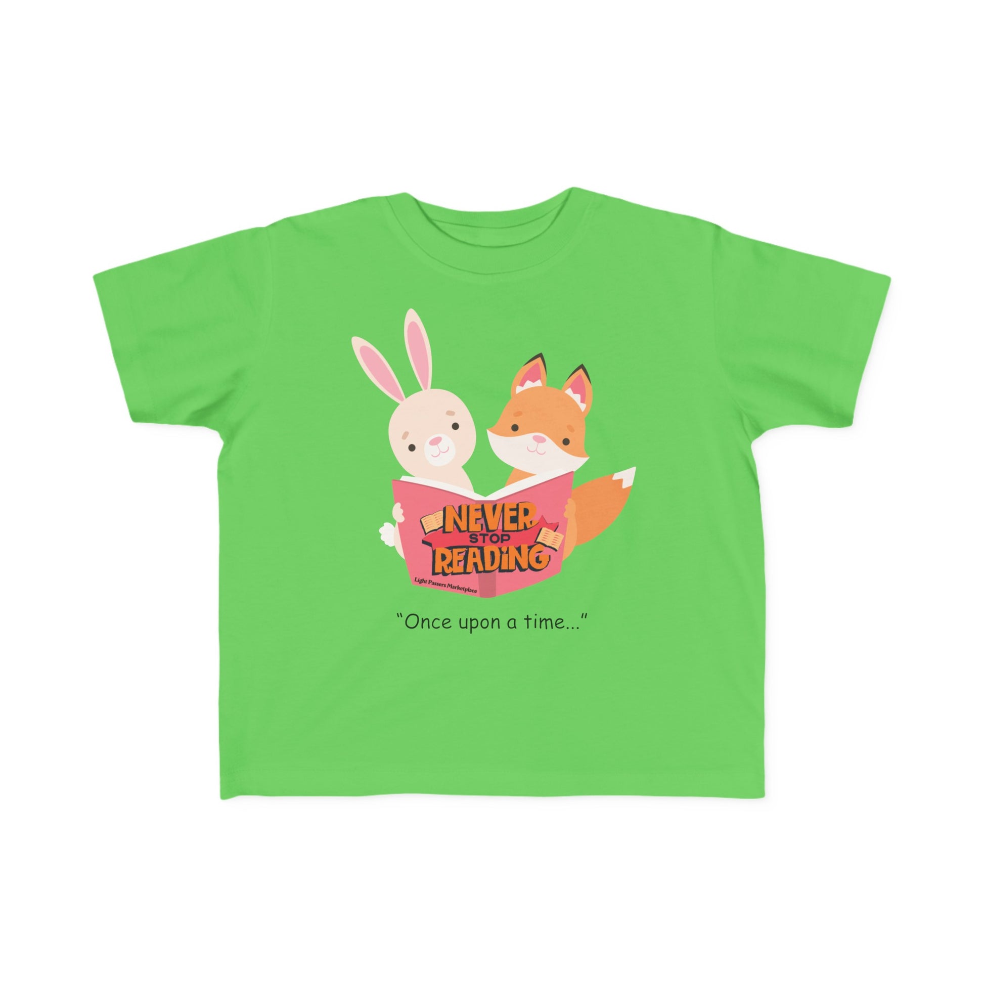 A toddler's green shirt featuring a cartoon fox and rabbit reading, ideal for sensitive skin. Made of 100% combed cotton, light fabric, tear-away label, and a durable print.