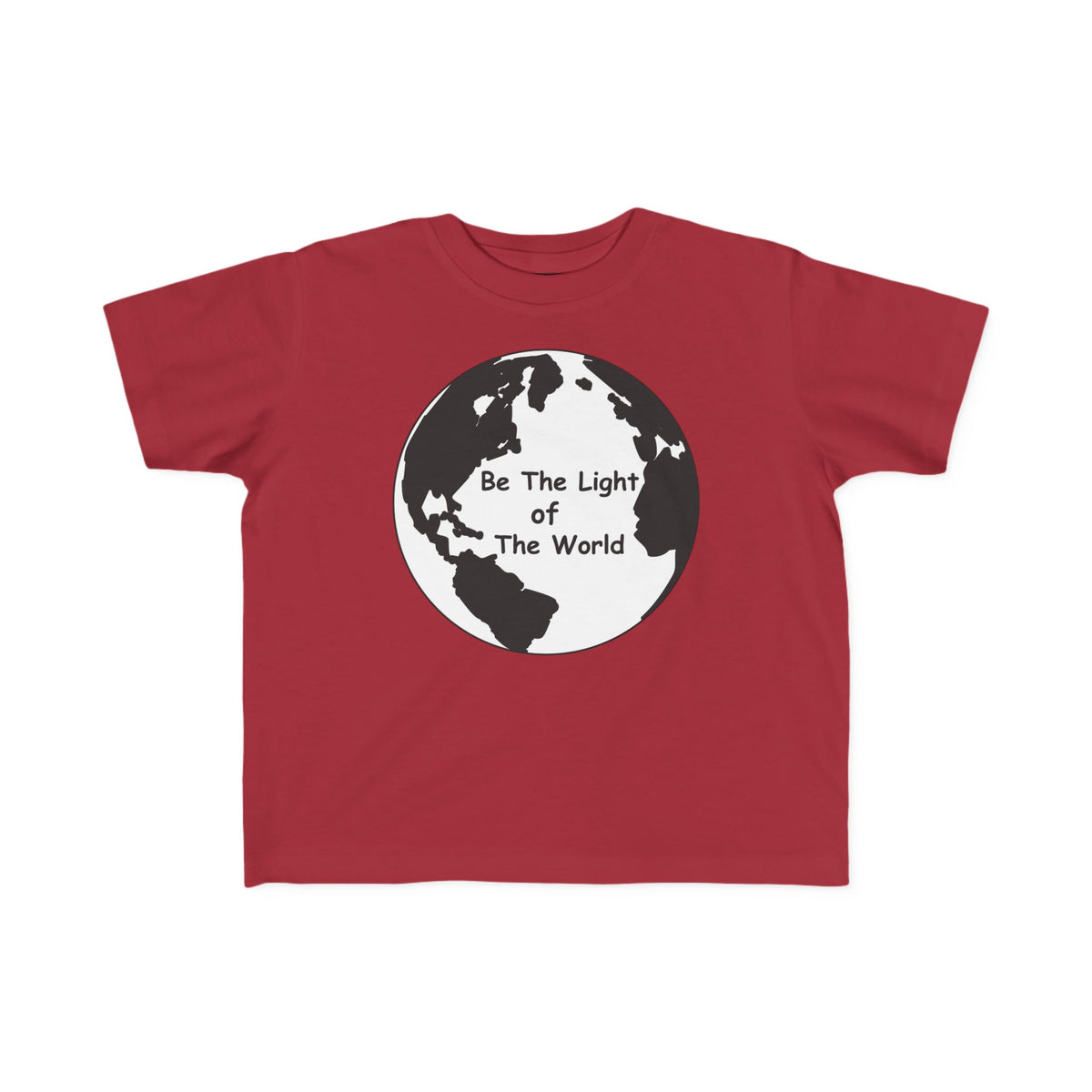Red toddler T-shirt with crew neck and globe 'Be The Light Of The World' print