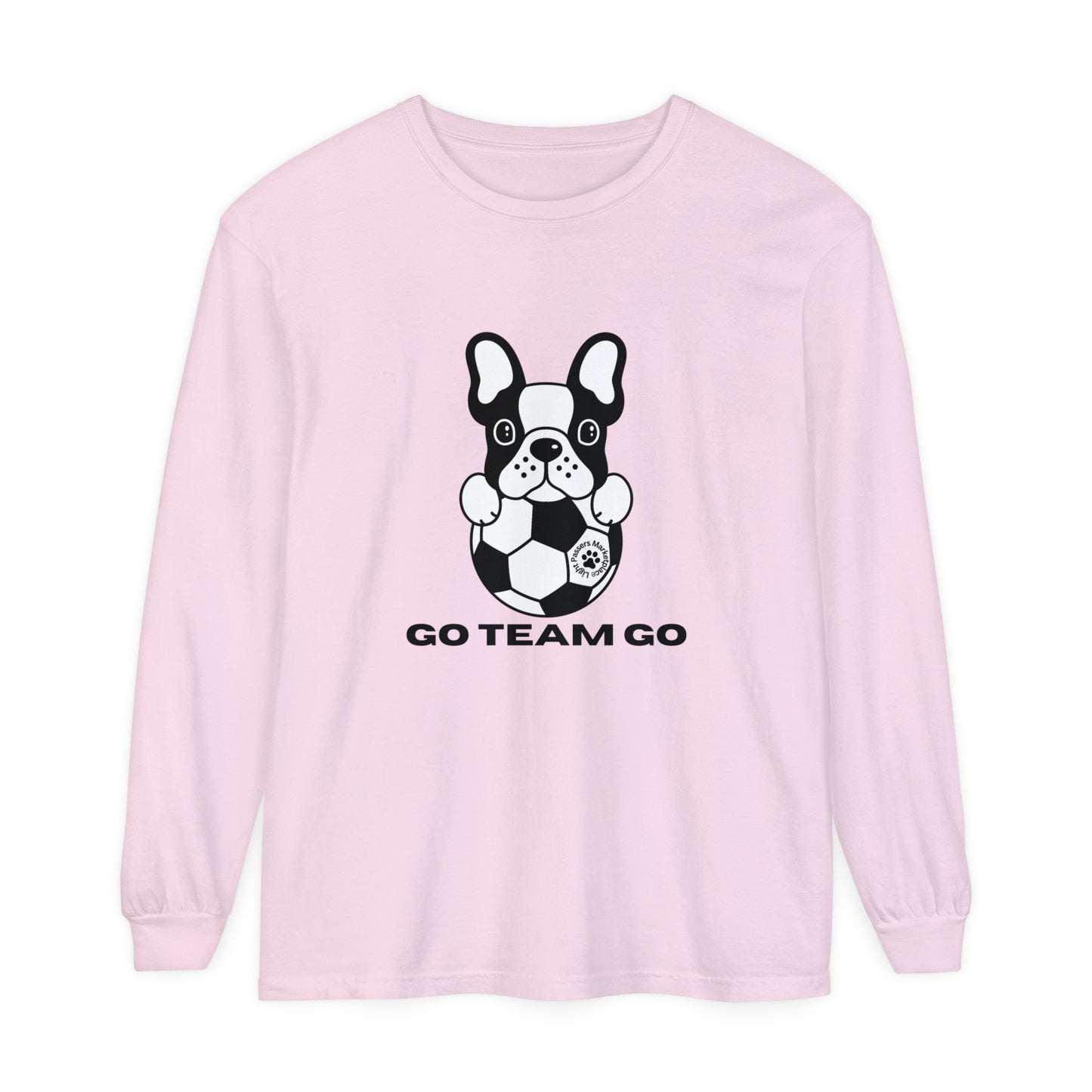 Teams Soccer Dog Adult Unisex Garment-dyed Long Sleeve featuring a black and white dog with a football, offering a relaxed fit and soft, 100% ring-spun cotton fabric.