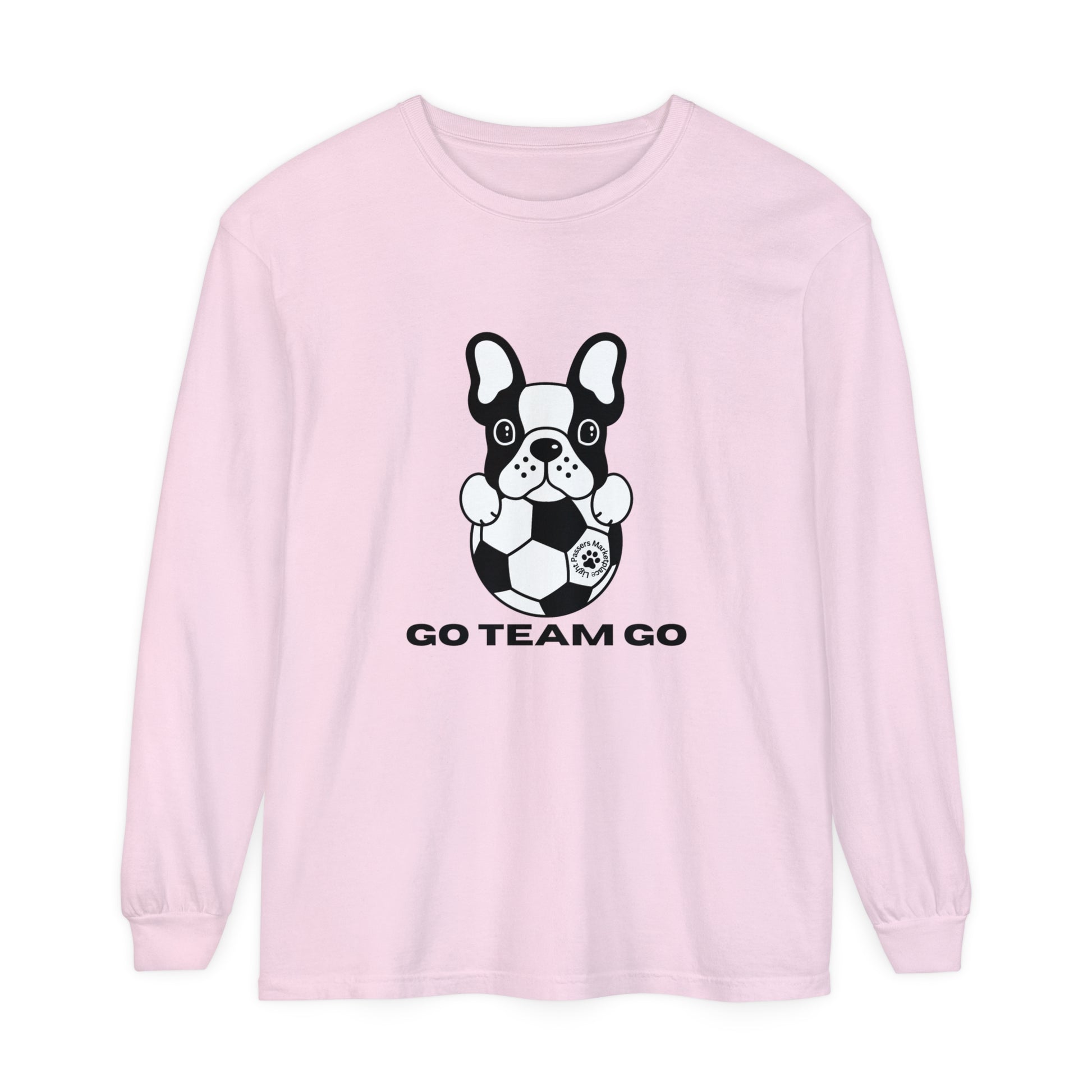 Teams Soccer Dog Adult Unisex Garment-dyed Long Sleeve featuring a black and white dog with a football, offering a relaxed fit and soft, 100% ring-spun cotton fabric.