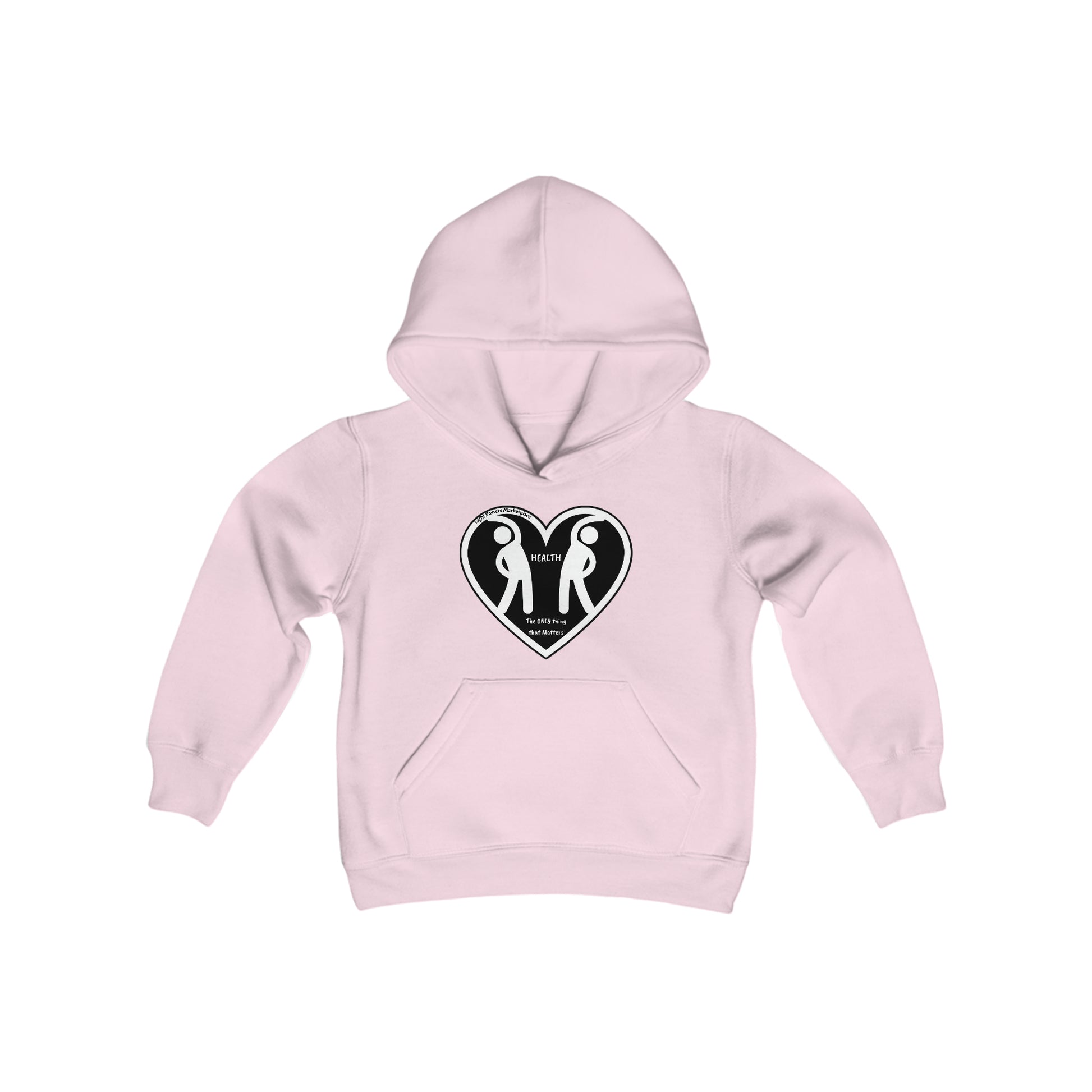 A pink hoodie featuring a heart and two people, with a close-up of the hood. Made of soft, preshrunk fleece, 50% cotton, 50% polyester blend, with a kangaroo pocket and twill taping.