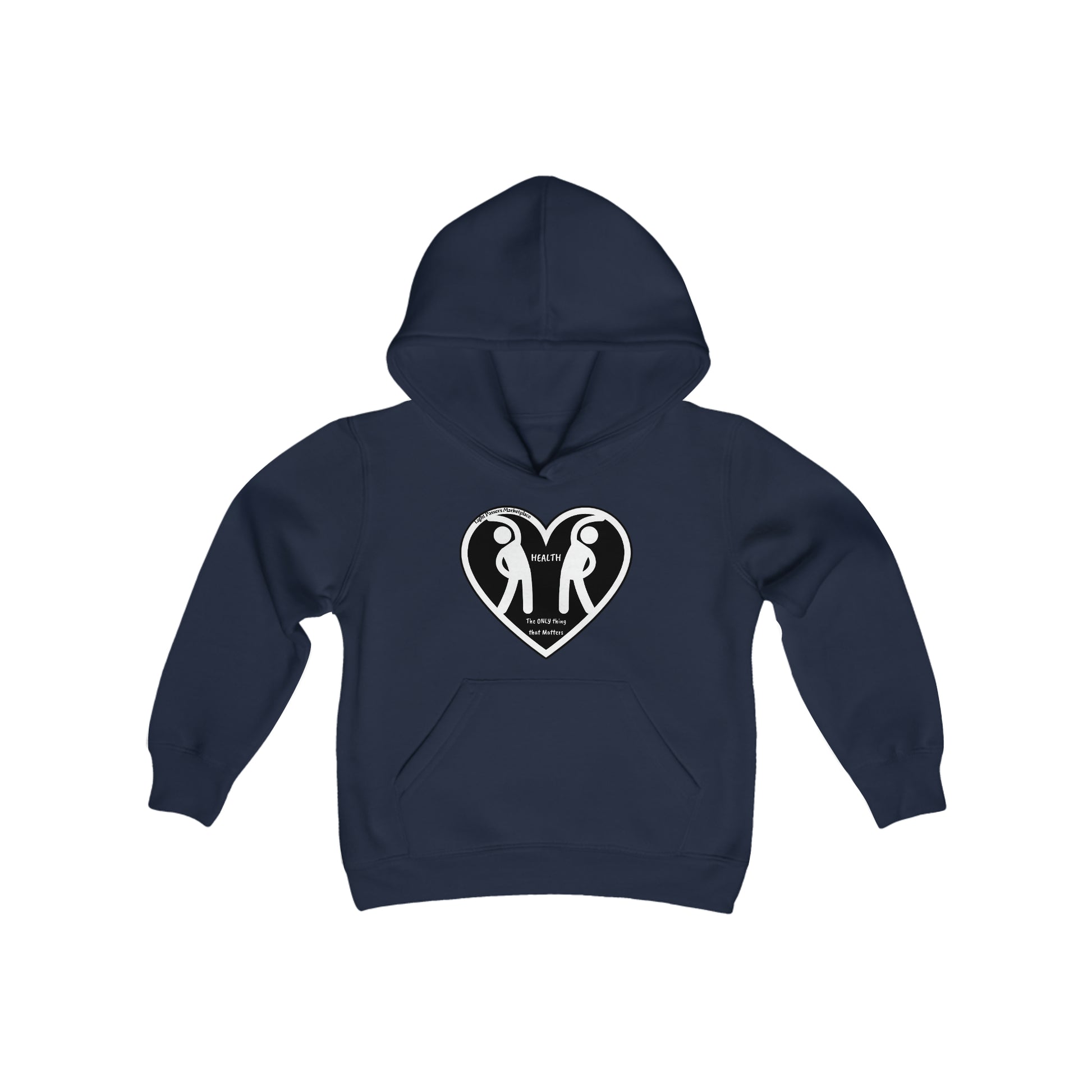 Youth blend hooded sweatshirt featuring a heart and two people design, kangaroo pocket, and twill taping. 50% cotton, 50% polyester, 7.75 oz fabric. Sewn-in label, true to size fit.