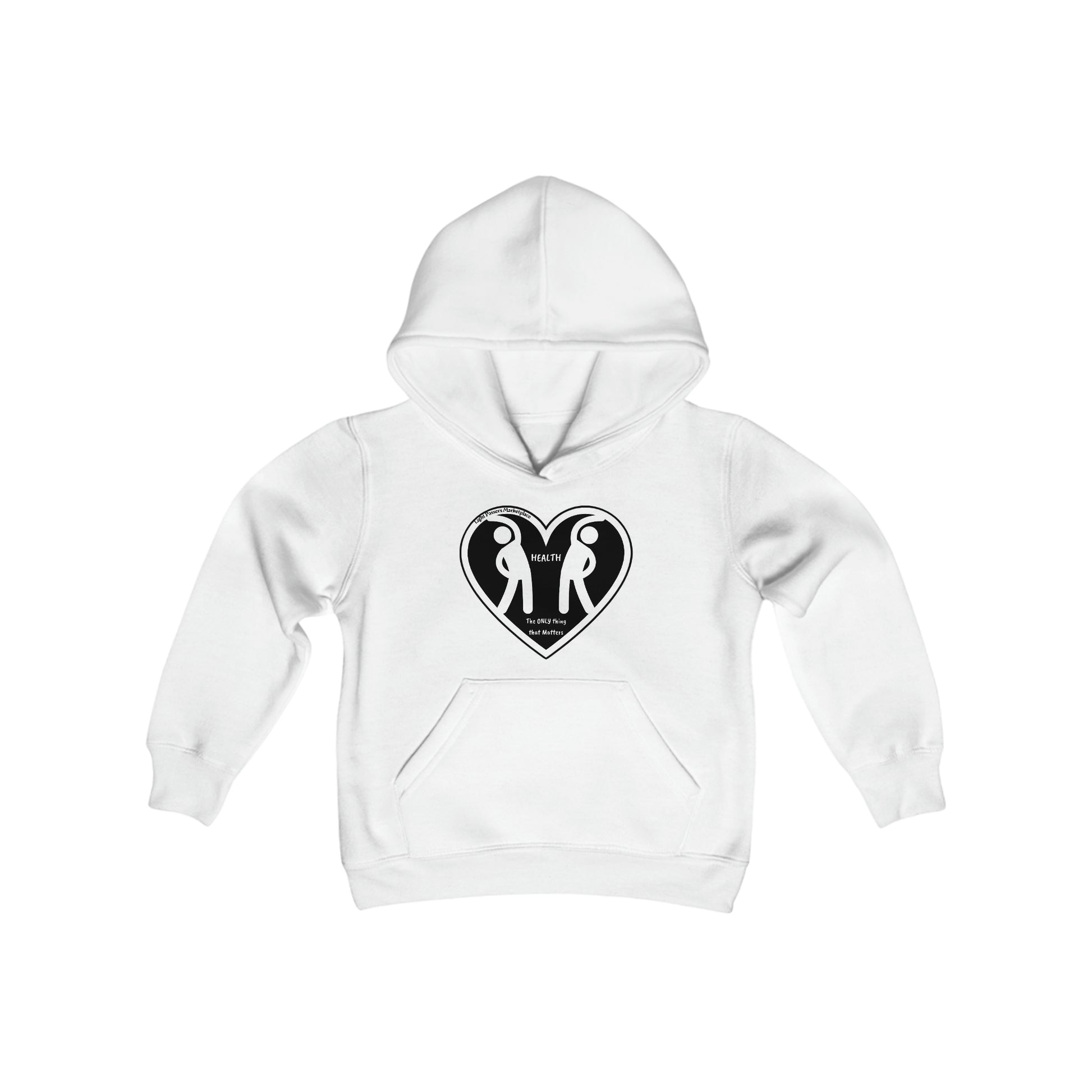 A white youth hoodie featuring a heart and two people design, made of soft, preshrunk fleece with a kangaroo pocket and twill taping reinforcement.