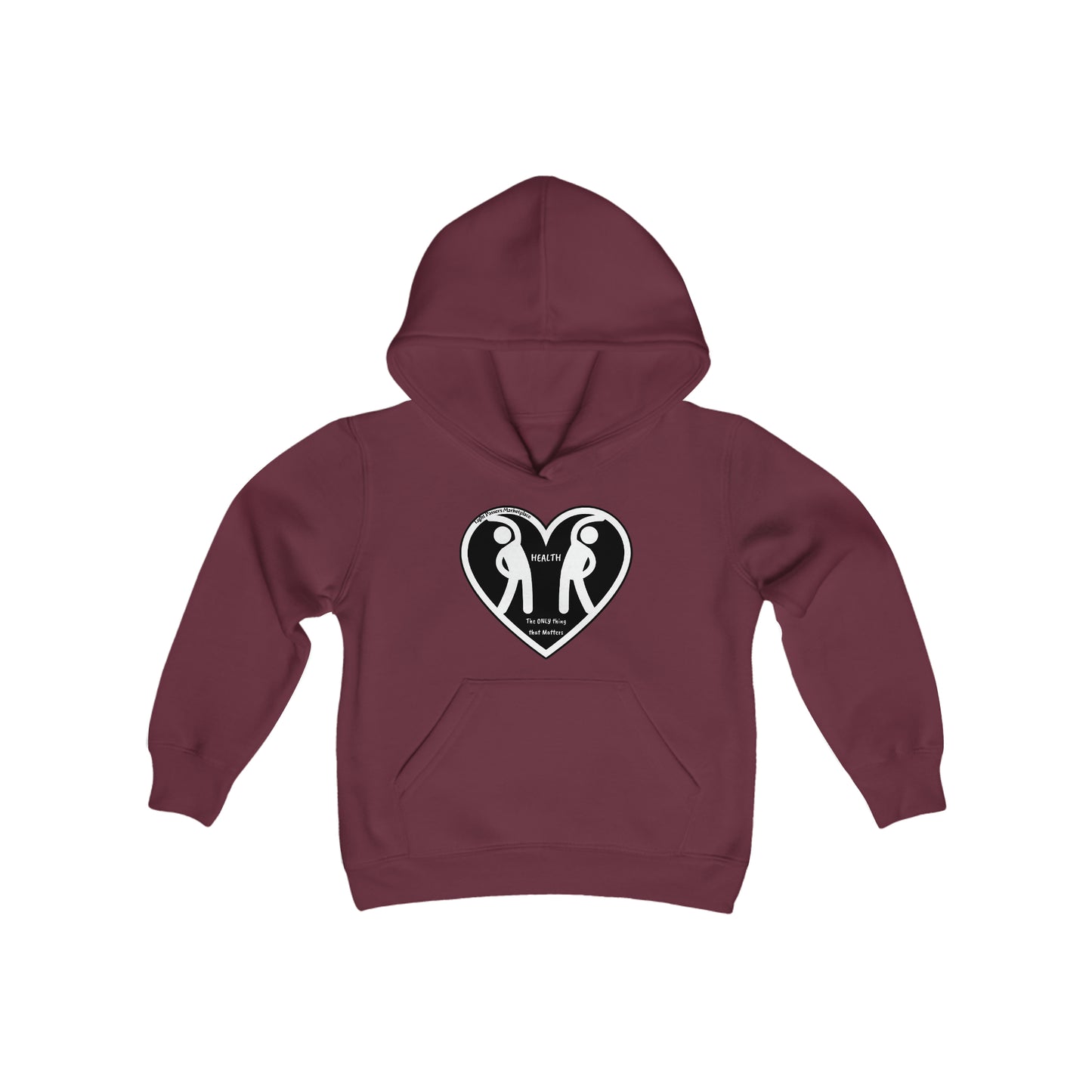 A maroon youth blend hooded sweatshirt with a heart design, kangaroo pocket, and twill taping. Made of soft, preshrunk fleece (50% cotton, 50% polyester) for comfort and durability.