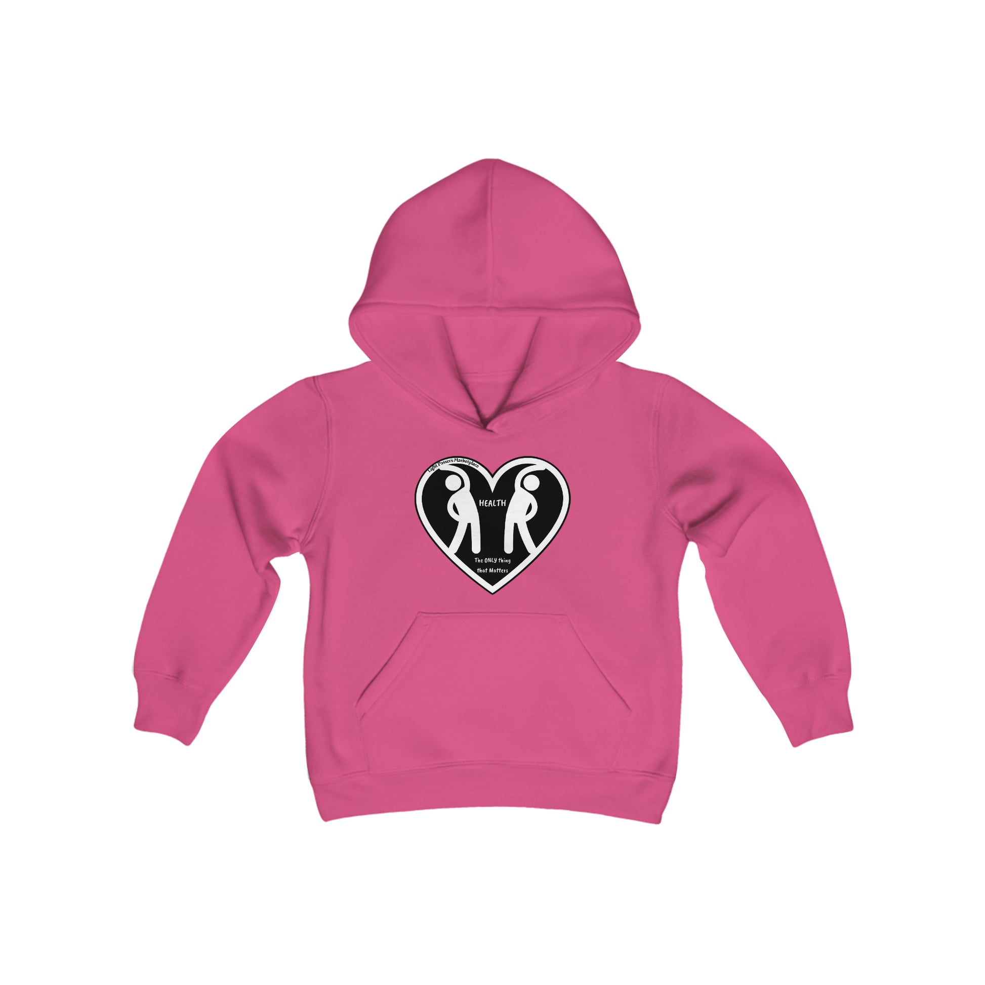 Youth blend hooded sweatshirt with heart and people design, kangaroo pocket, and twill-taped neck. 50% cotton, 50% polyester, 7.75 oz fabric, regular fit, sewn-in label.