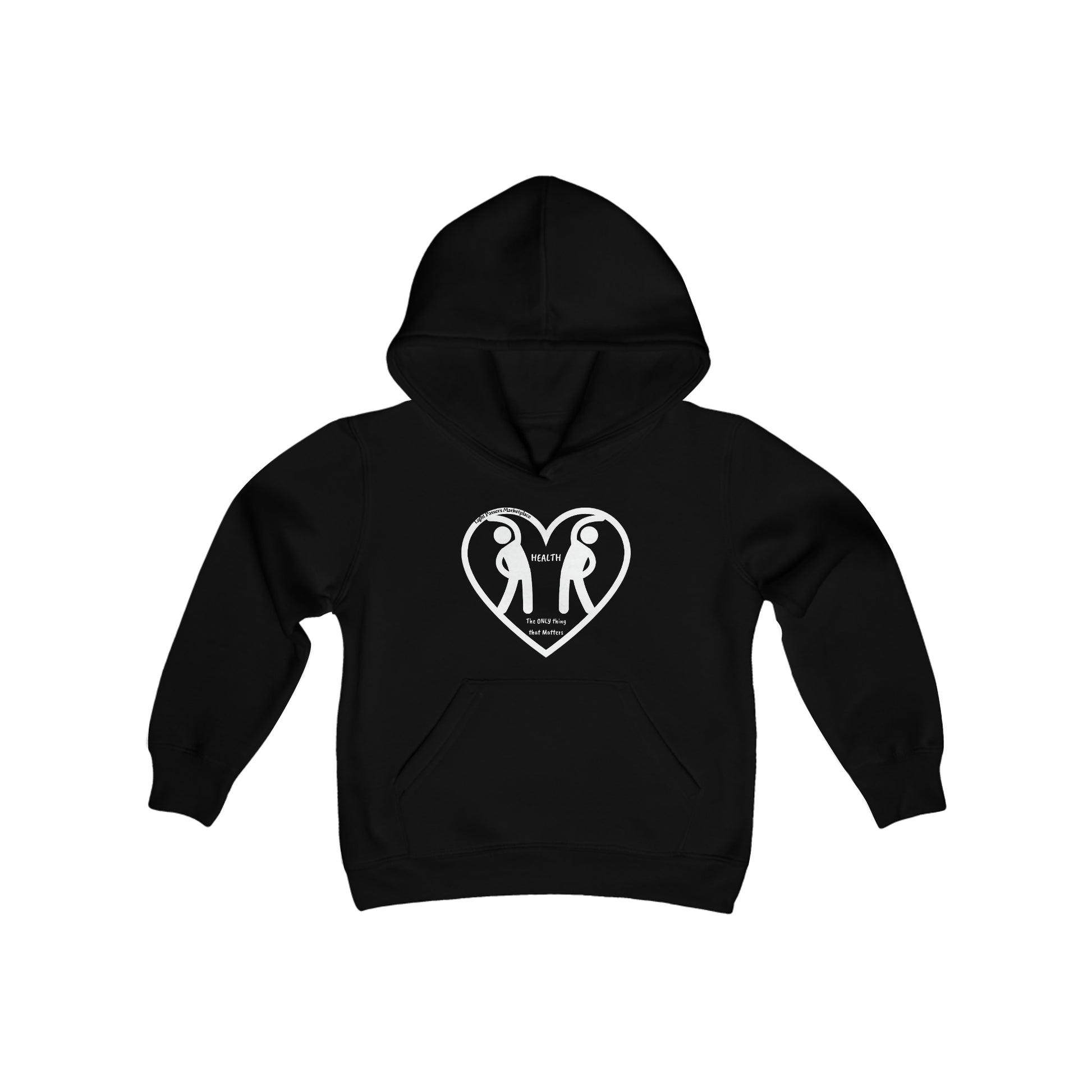 Youth black hoodie with heart and figures design, kangaroo pocket, and twill taping. 50% cotton, 50% polyester blend, soft fleece, ideal for printing.