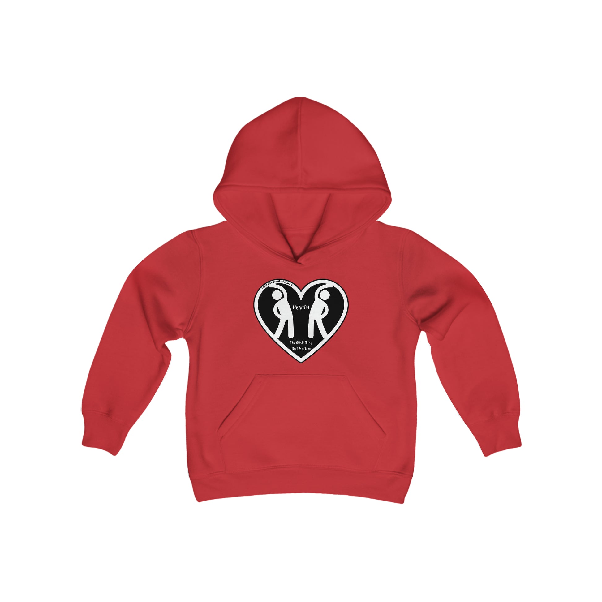 Youth blend hooded sweatshirt with heart and people design, kangaroo pocket, and twill taping. 50% cotton, 50% polyester, 7.75 oz fabric. Sewn-in label, true to size fit.