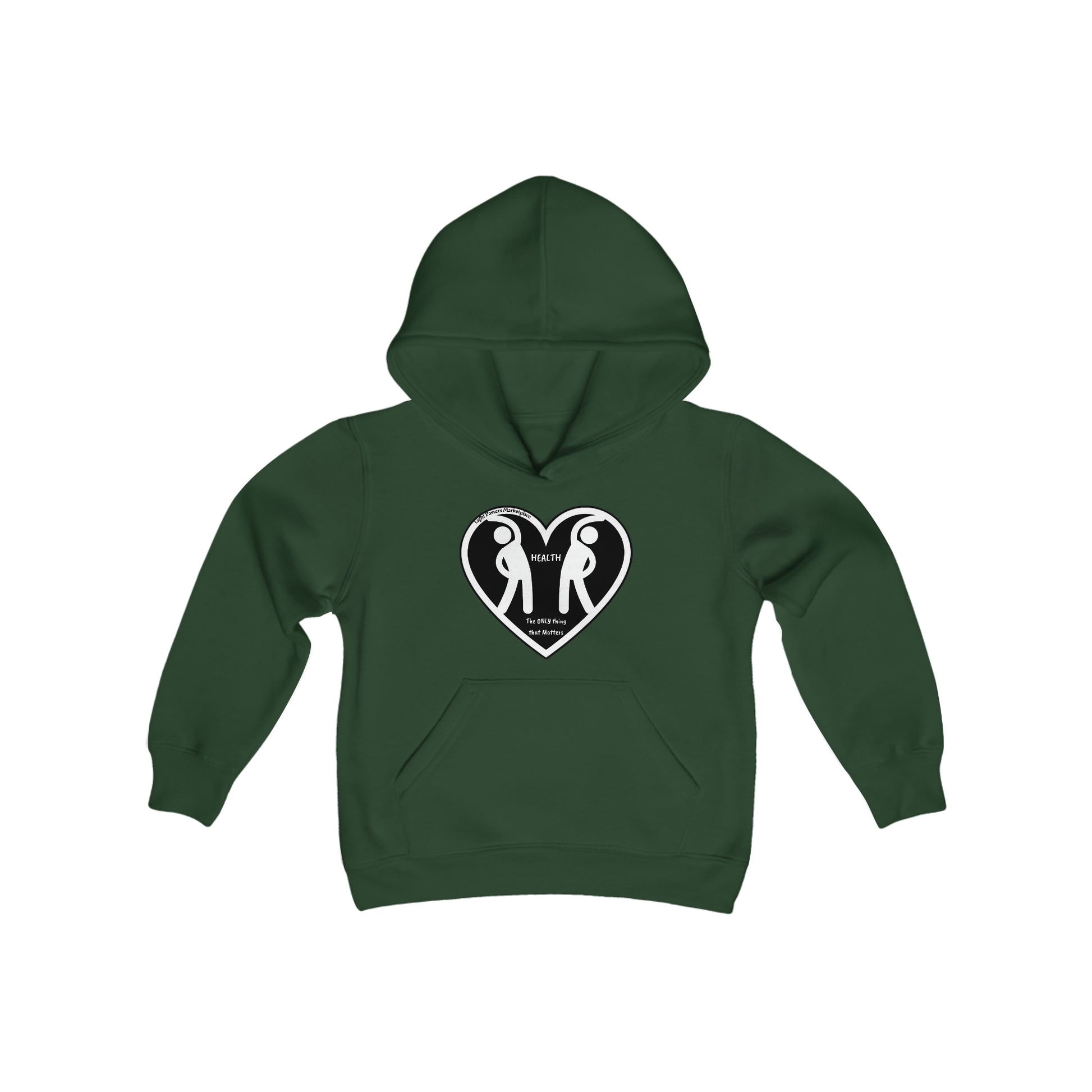 A green hoodie featuring a heart and two people, ideal for youth, made of soft fleece blend with kangaroo pocket and twill taping.