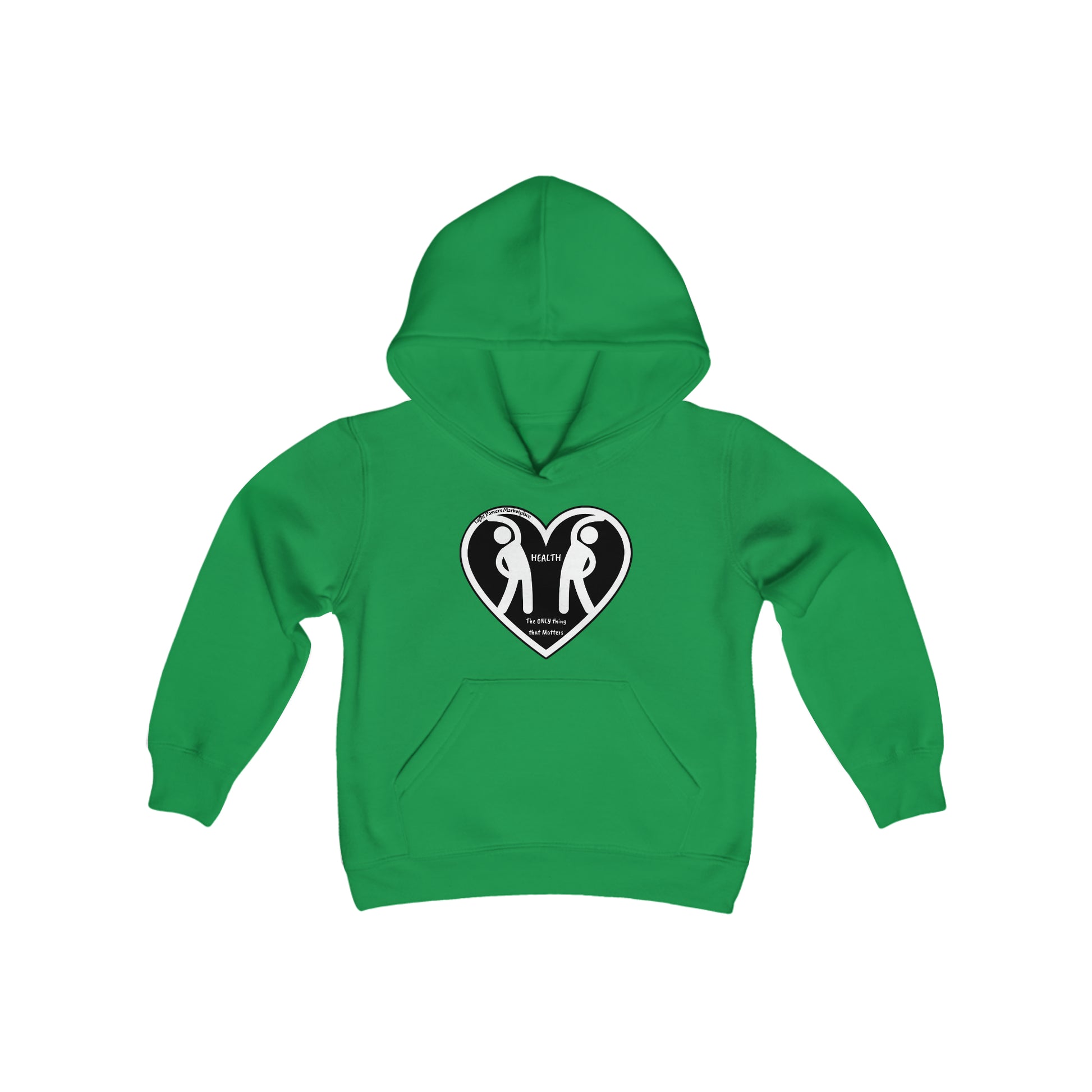 Youth blend hooded sweatshirt featuring a heart and two people design, kangaroo pocket, and twill taping. 50% cotton, 50% polyester, 7.75 oz fabric. Comfortable, preshrunk fleece for printing.